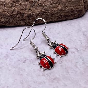 Ladybird Earrings, Red and Black Enamel Charm Bead Earrings on Nickel Free Silver Tone Hooks : 30mm long, Pretty Ladybug Jewellery, Gift for Women