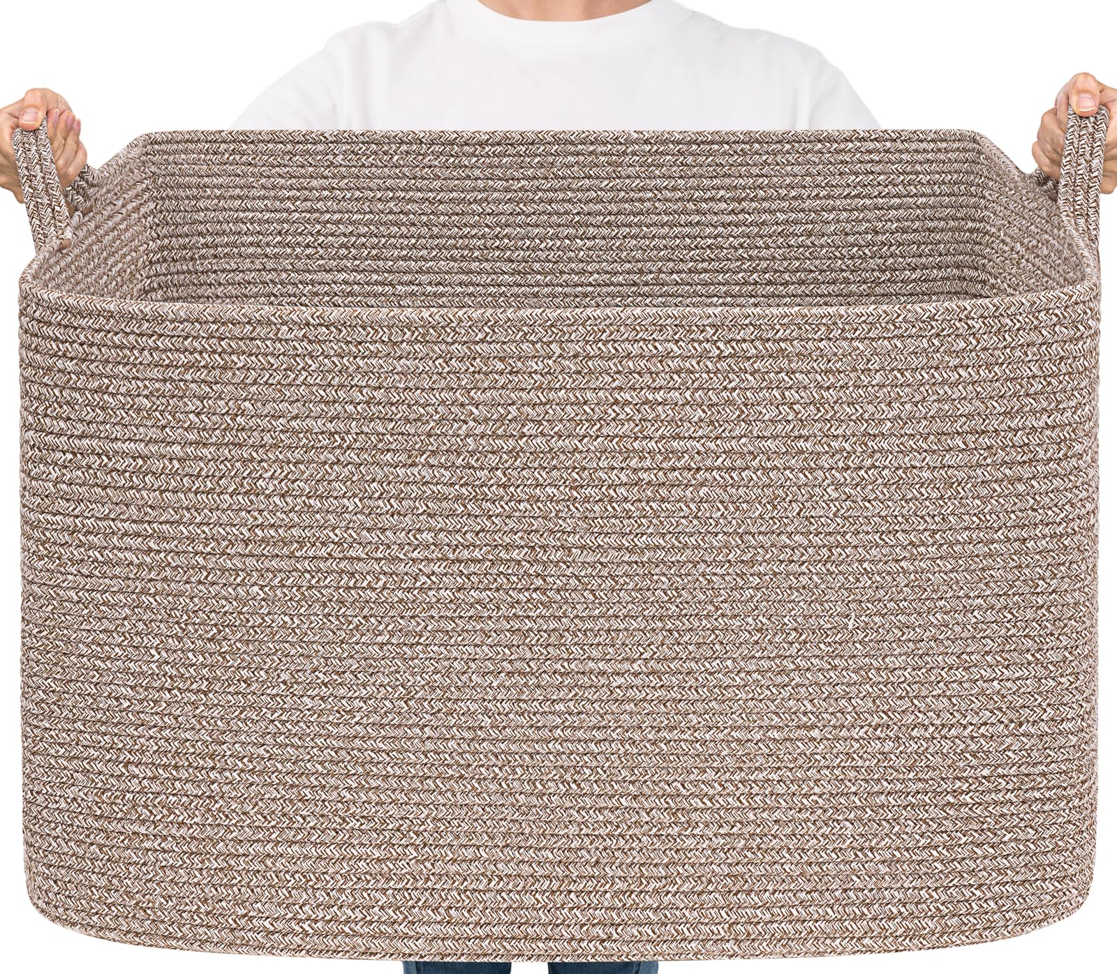 Timeyard Brown 105L Large Woven Storage Basket, Rectangle Cotton Rope Basket For Blankets, Clothes, Oversized Toy Storage Organizer For Living Room, Nursery,63.5X40.5x40.5cm,