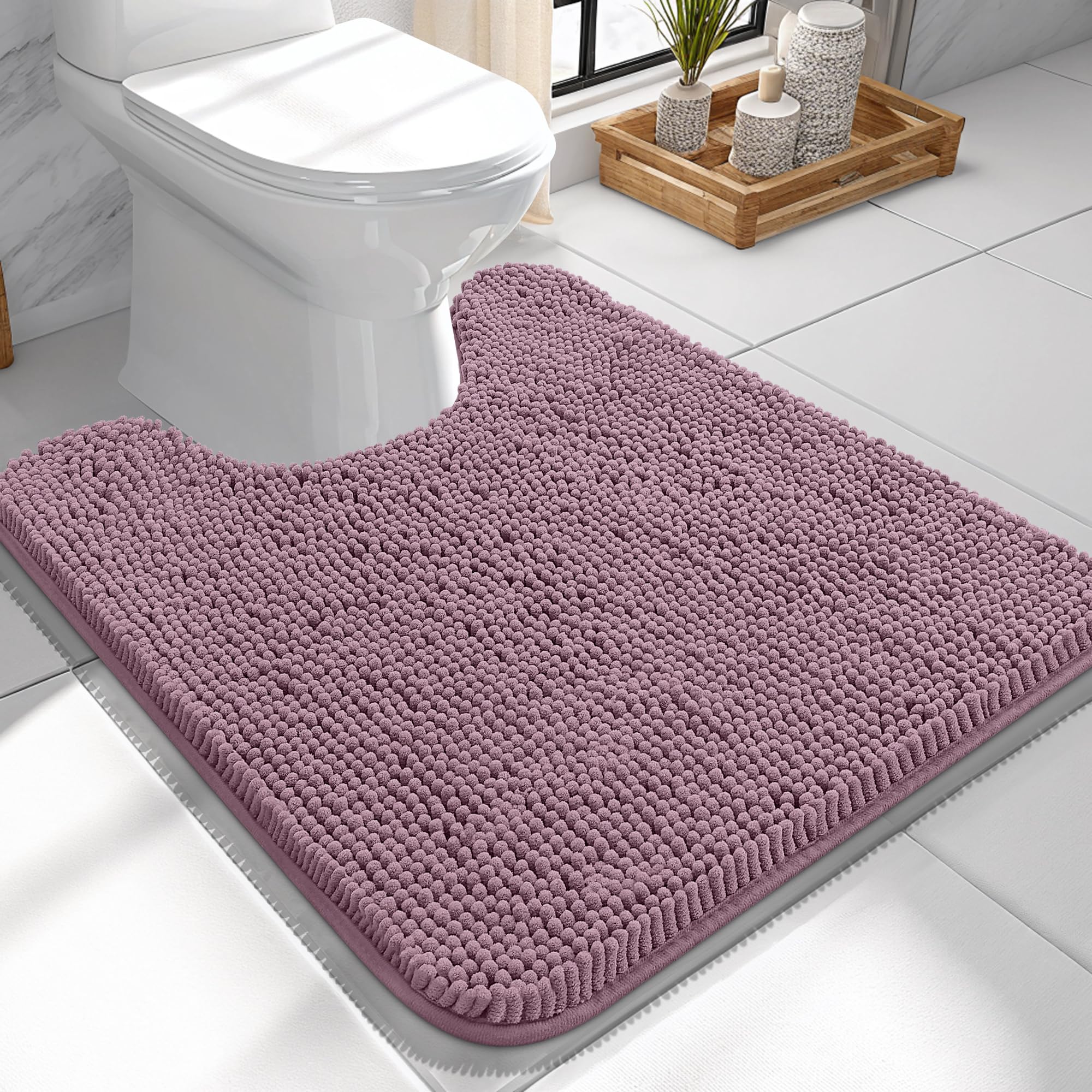OLANLY Toilet Rugs U-Shaped 24x24, Soft Absorbent Chenille Contour Rugs | Deep Plum, Quick-Drying Rubber Backing, Machine Washable Non-Slip Shaggy Bathroom Mat for Toilet, Home Decor Accessories