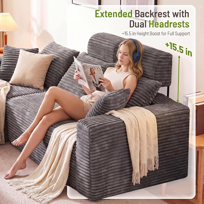 96" Boneless Couch, High Back Support L Shaped Oversized Living Room Sofa image 3