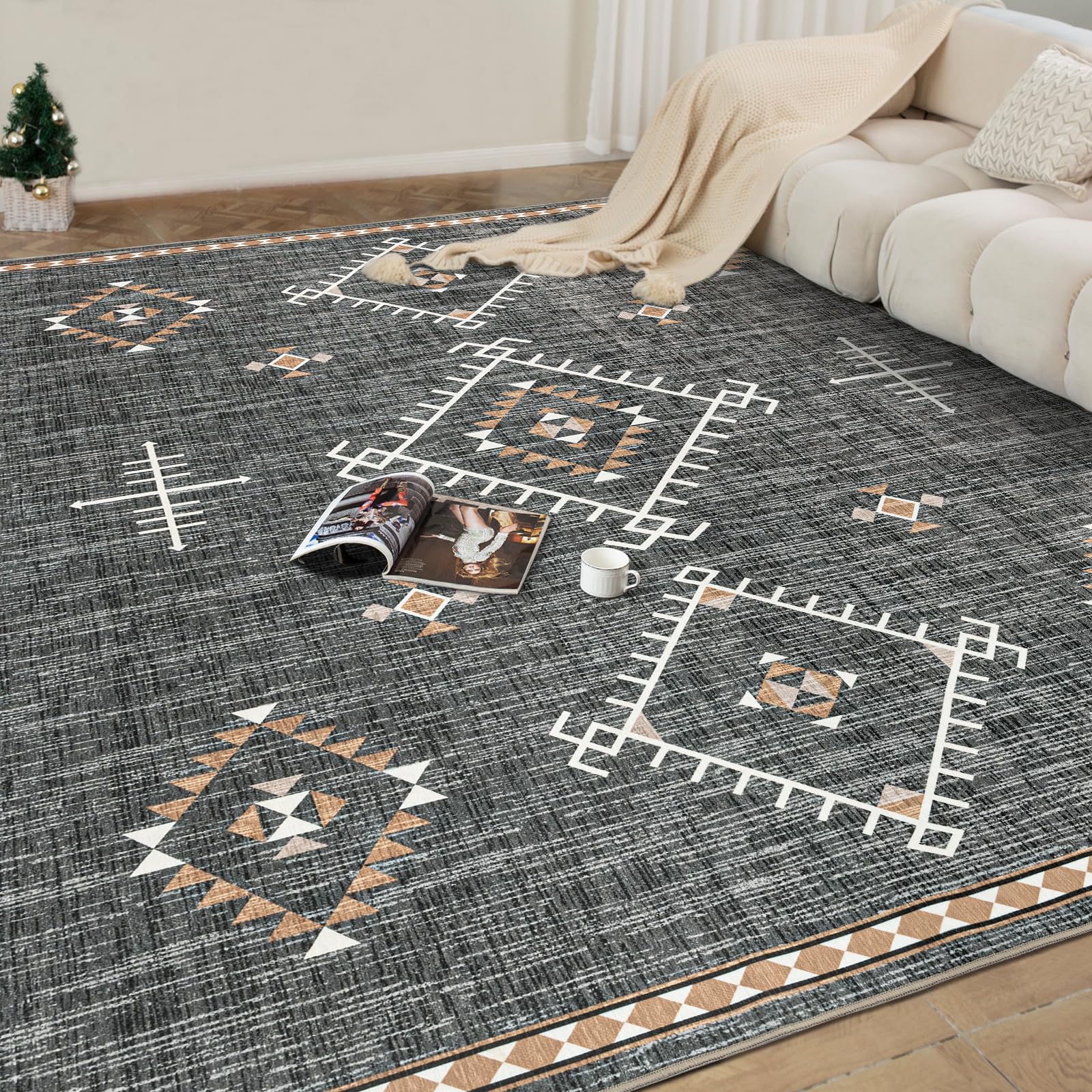 Area Rug 8'x10' for Living Room Bedroom Washable Moroccan Boho Rugs for High Traffic Area Non Slip & Non-Shedding Rugs Fade Resistant Carpet for Kitchen Office (Grey)