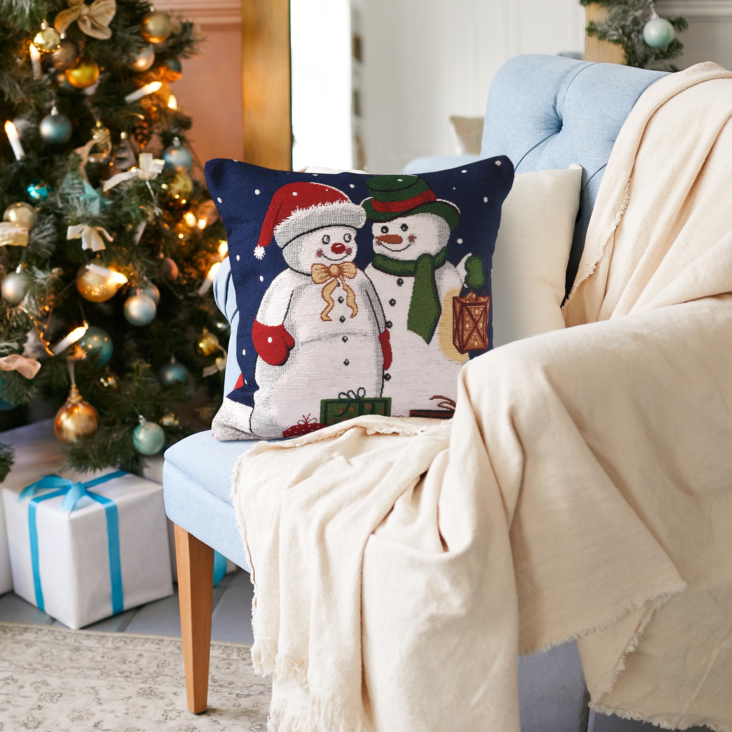 La Maison Christmas Soft Cotton Chenille Tapestry Cushion Cover Xmas Festive Scatter Cushions Nordic Santa Reindeer Stag Snowman (Snowman Duo, 1 x Cushion Cover Only) — image 1