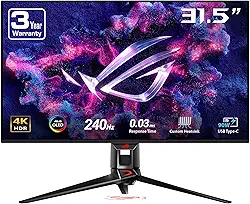 ASUS ROG Swift Monitor de jogos OLED 4K de 32 polegadas (PG32UCDM) - UHD (3840 x 2160), QD-OLED, 240Hz, 0,03ms, compatível com G-SYNC, dissipador de calor personalizado, filme de grafeno, 99% DCI-P3,