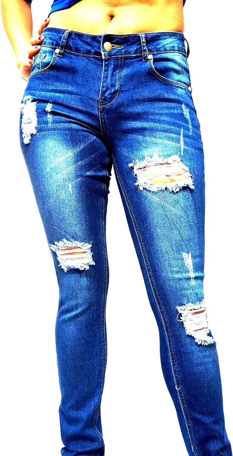 Jack David Womens Distressed Denim Jeans Ripped Blue Skinny Destroy Stretch Jean Pants (15, Jack David JD-K778 Blue) - Image 5