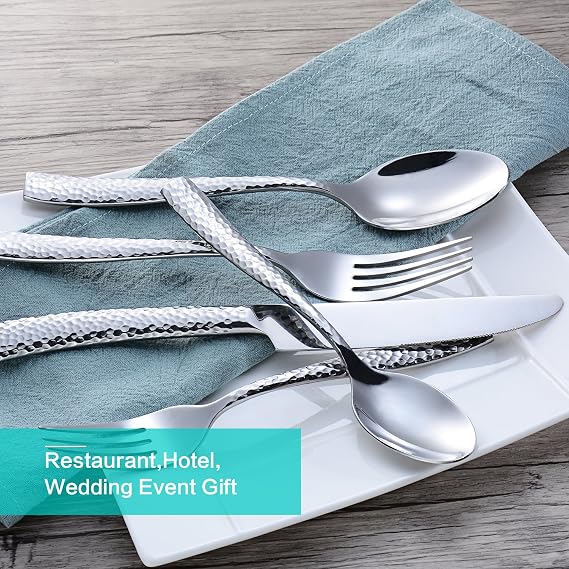 Silverware Set Flatware Set Stainless Steel Cutlery Set Hammered Pattern Mirror Finished 5 Pieces Service for 1