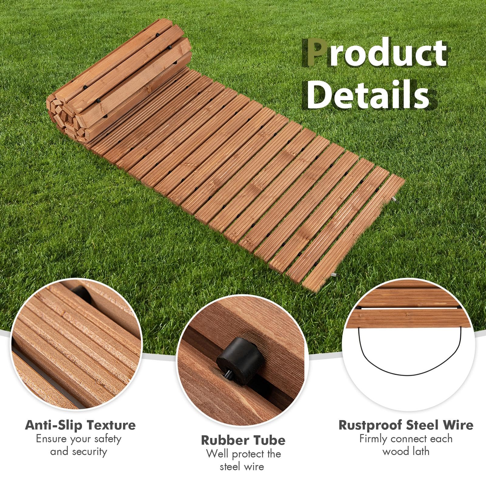 SOARS Camino de Madera Enrollable 245 cm - con Alambre, Textura Antideslizante y Resistente al Mal Tiempo - Ideal para Jardín, Patio y Playa (245 x 55cm)