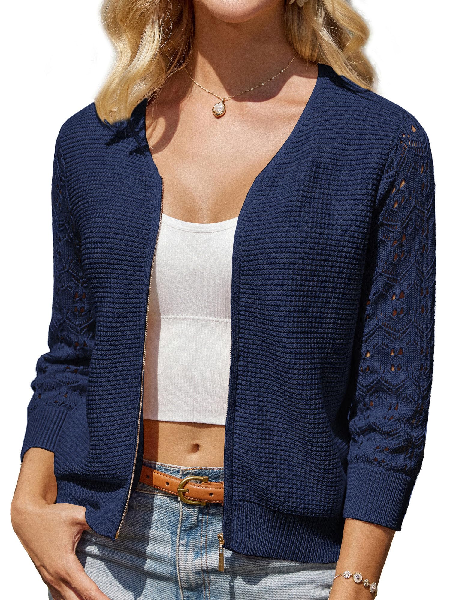 GRACE KARIN Dames Zomer Bijgesneden Shugs 3/4 Mouwen V-hals Gebreide Bovenkant Vastgebonden Boleros Shug, Wit, XL