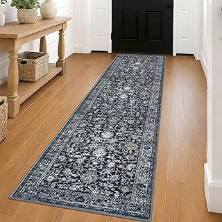 KILOCOCO Hallway Runner 2x8 Rug Runner Printed Vintage Floral Washable Kitchen Runners Non-slip Rubber Backed Runners for Hallways Laundry Room Distressed Boho Rugs for Entryway Bedroom, Navy/Charcoal