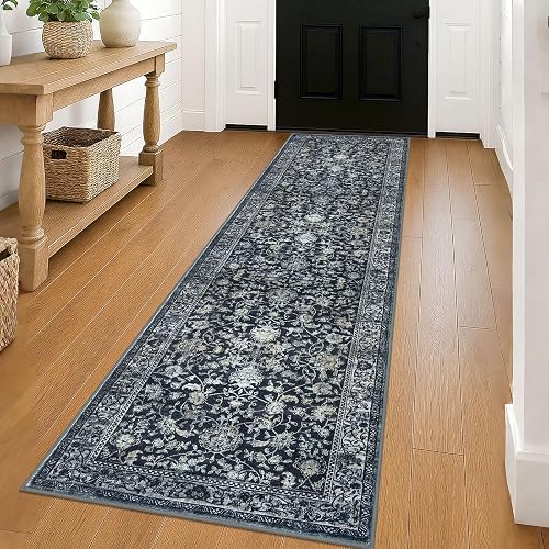 KILOCOCO Hallway Runner 2x8 Rug Runner Printed Vintage Floral Washable Kitchen Runners Non-slip Rubber Backed Runners for Hallways Laundry Room Distressed Boho Rugs for Entryway Bedroom, Navy/Charcoal