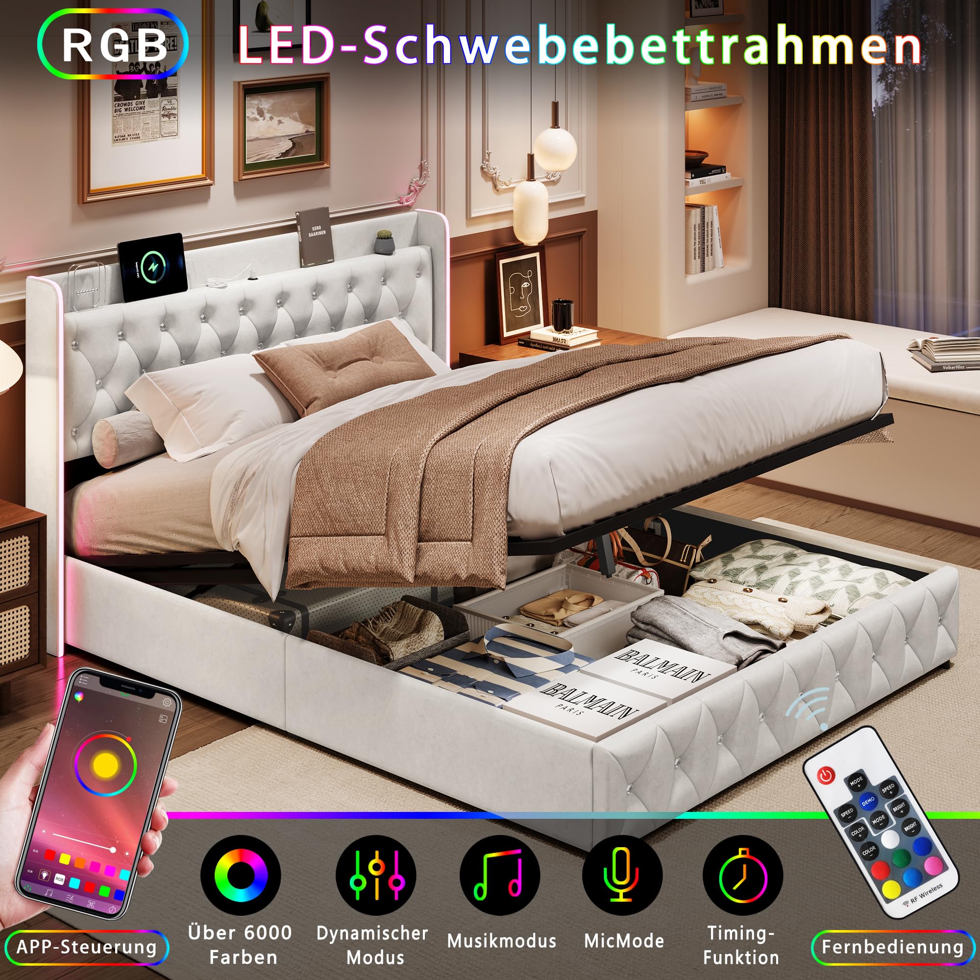 BRILVERDE Letto Imbottito 160x200 con Contenitore Idraulico, Letto Matrimoniale a LED con USB, Funzionale con testiera, Struttura Letto con Rete a doghe, in Velluto (Beige, 160 x 200 cm)