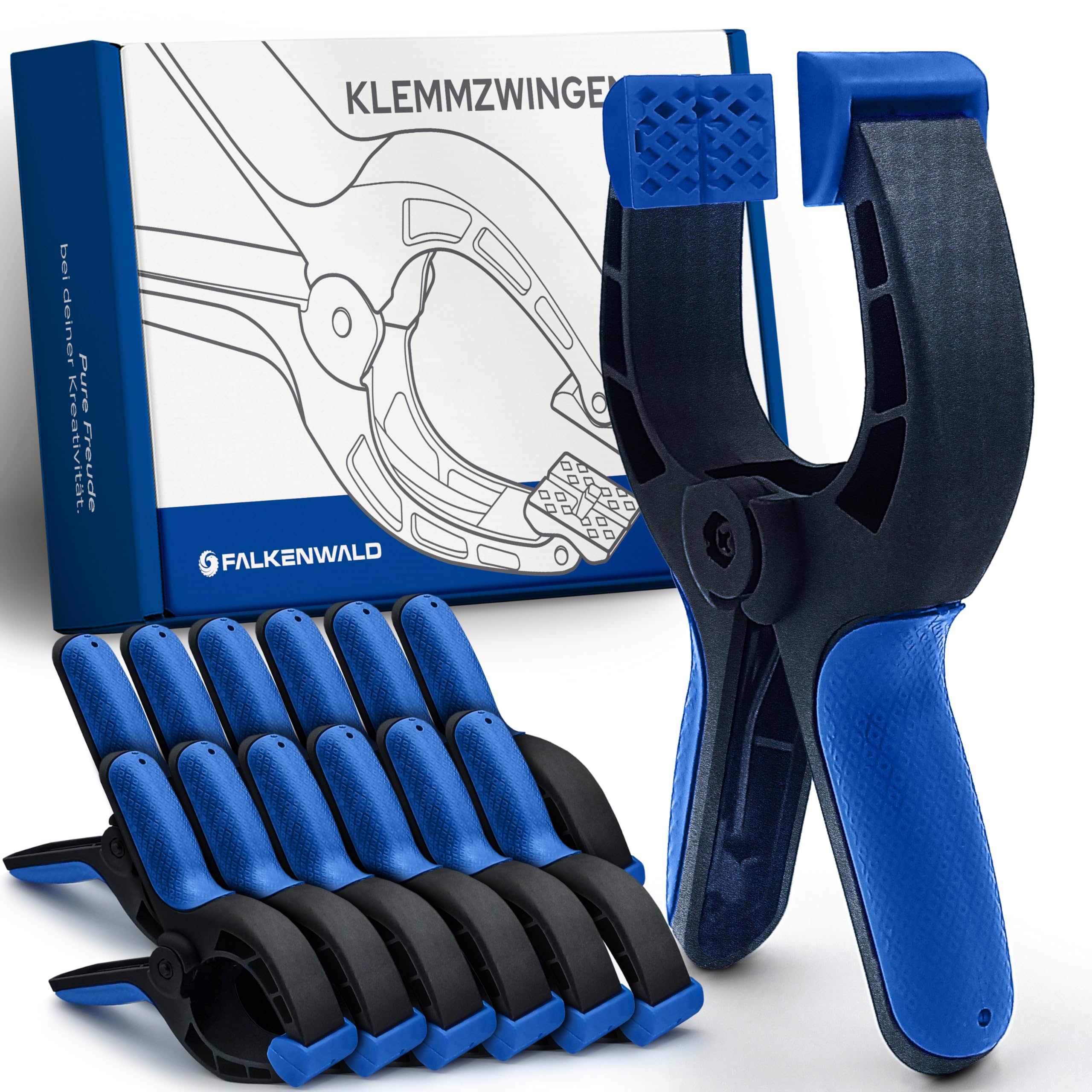 Falkenwald® Klemmzwingen 12er Set für Leimen, Pool, Fotografie mit großer Spannweite - Klemmzwinge mit hoher Spannkraft - Leimzwingen - Federklemmen - Klammern Klemme