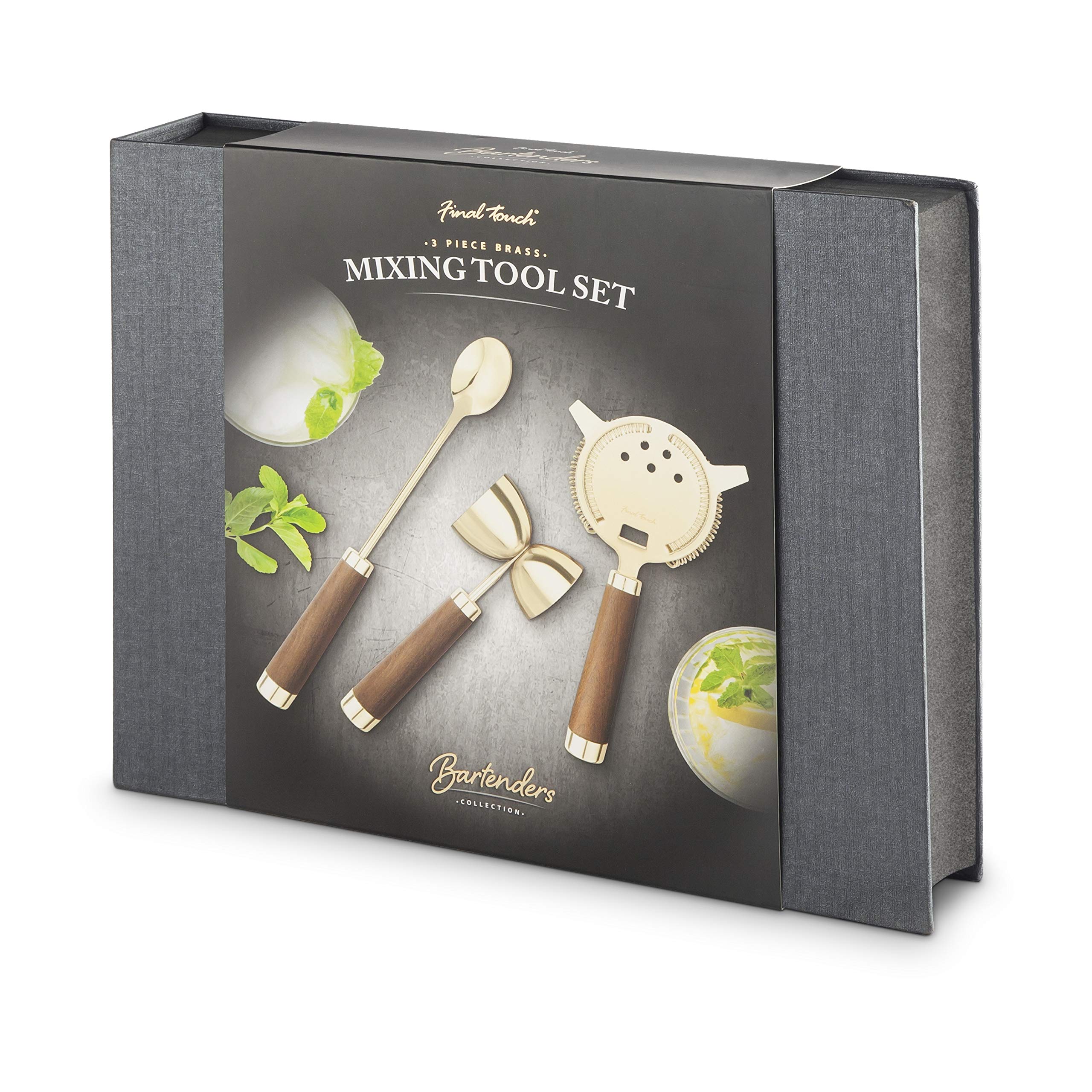 Final Touch, set di 3 strumenti per la preparazione di cocktail in ottone, include colino, cucchiaio e doppio Jigger in acciaio inox 304 placcato in ottone con manici in legno FTA2100