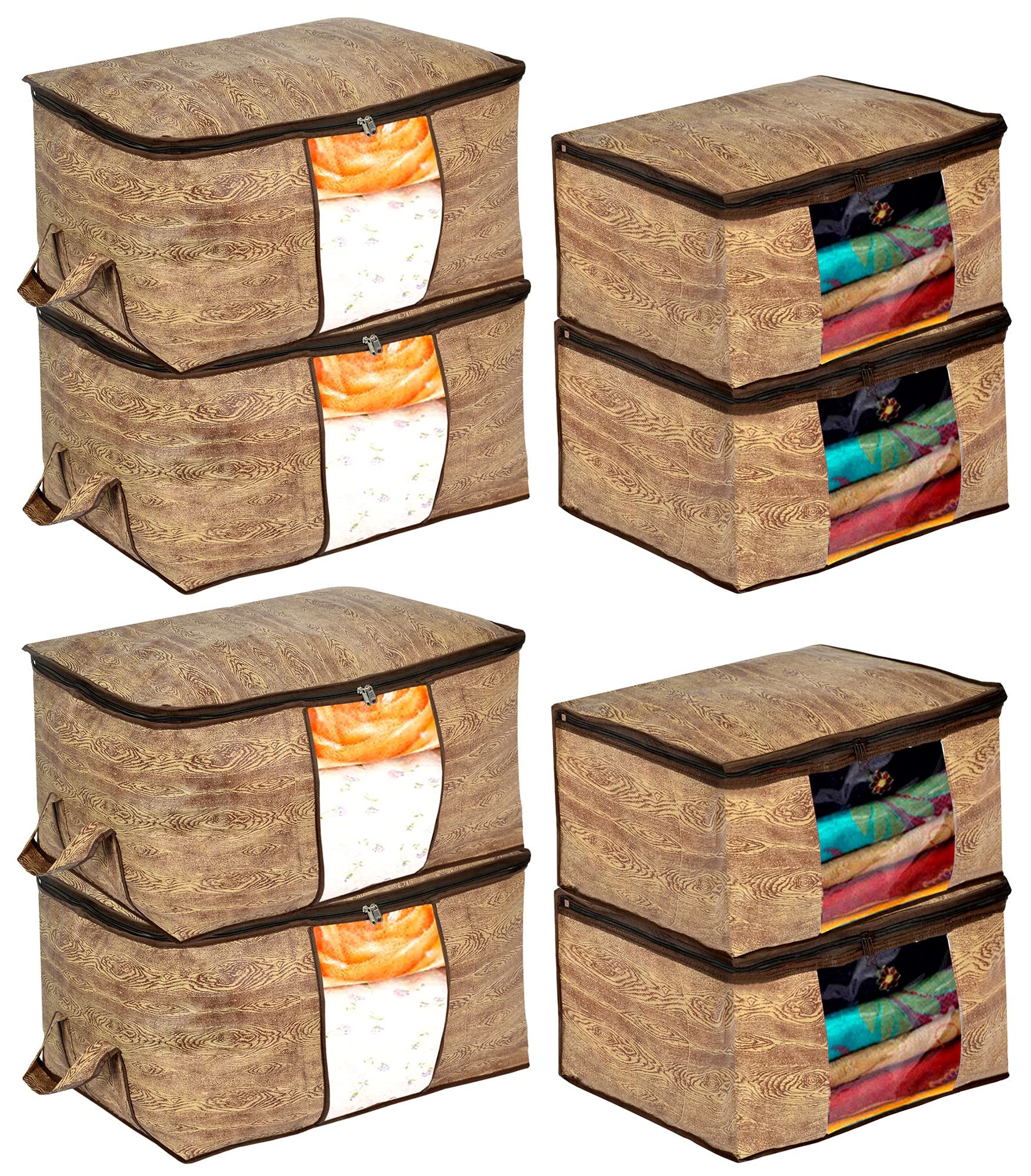 Kuber Industries Wooden Print 4 Piece Non Woven Saree Cover and 4 Pieces Underbed Storage Bag, Storage Organiser, Blanket Cover (Brown)