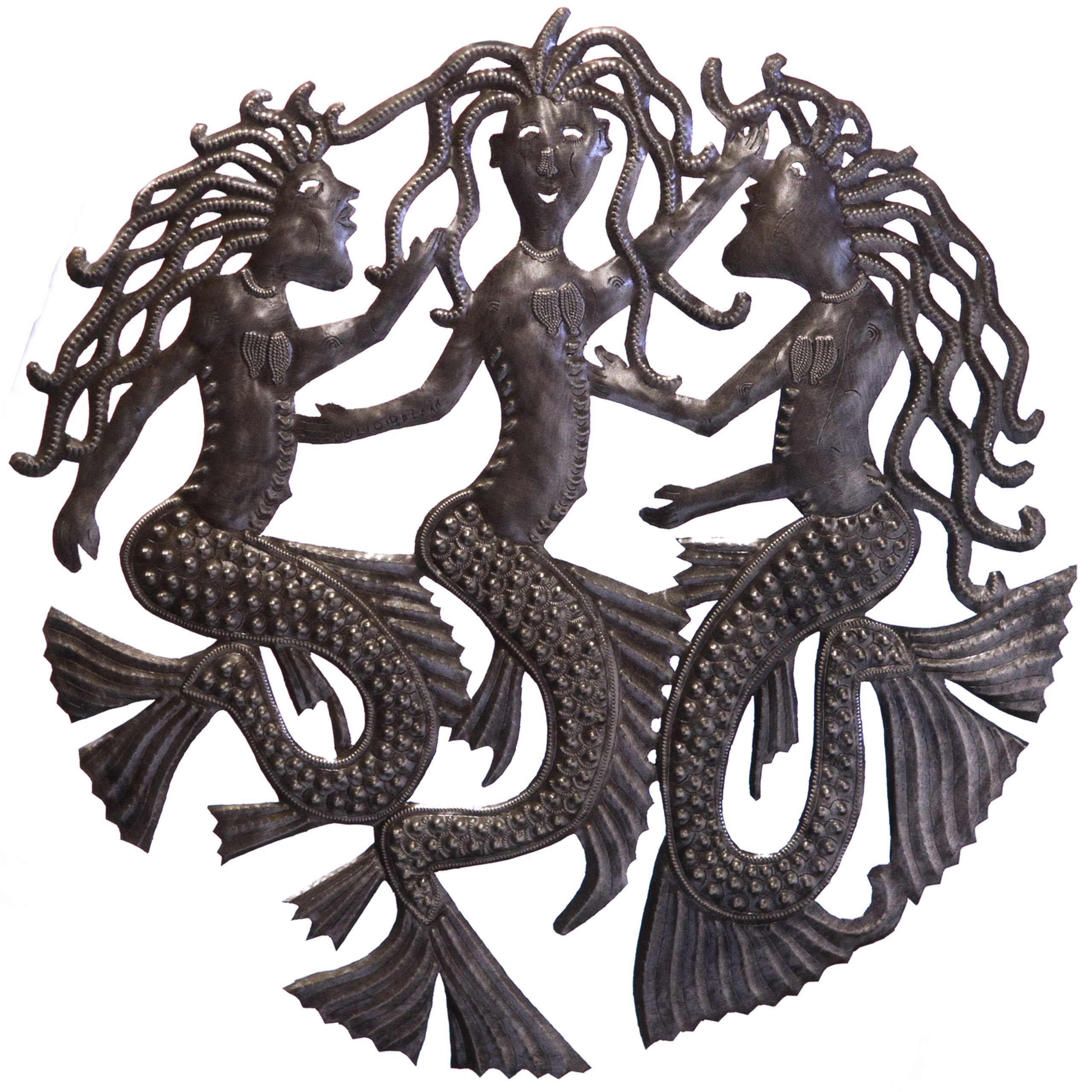 Haitian Recycled Steel Oil Drum Outdoor Decor, 23 by 23-Inch, Dancing Mermaids