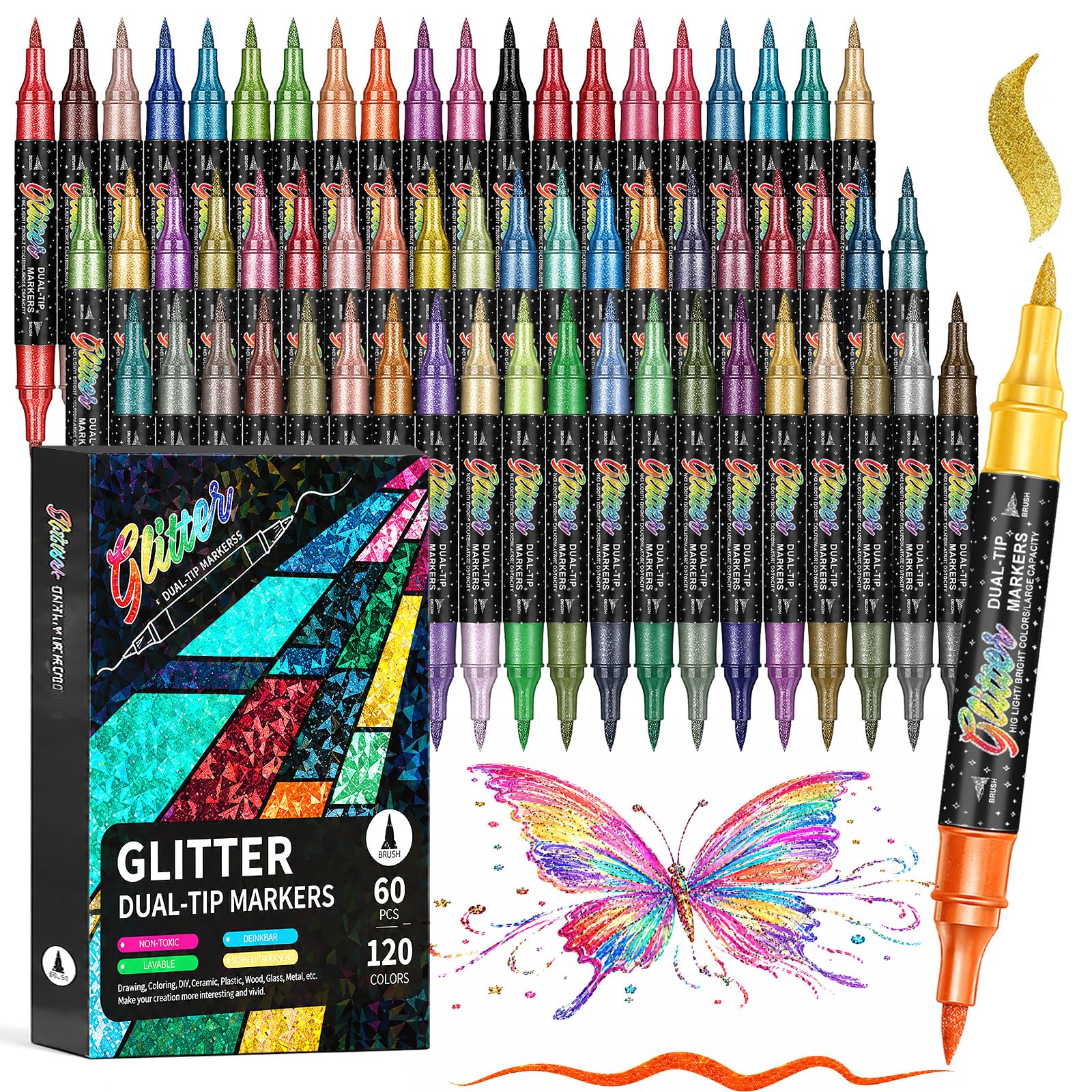 LIMSONG 120 Colours Glitter Marker Pens Set, Dual Tip Paint Brush with Sparkle, 60 Pack Colouring Pens for Adults and Beginners, Glitter Pens for Cards, Colouring Book, Scrapbook Paper, Art Supplies โ image 1