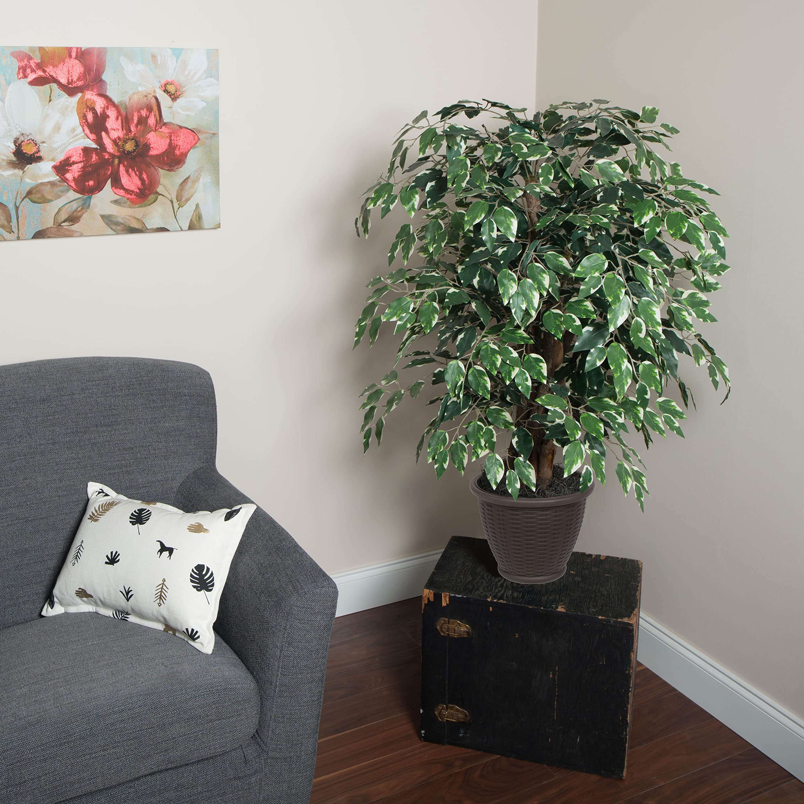Vickerman 4' Artificial Variegated Ficus Extra Full Bush, Brown Plastic Container.