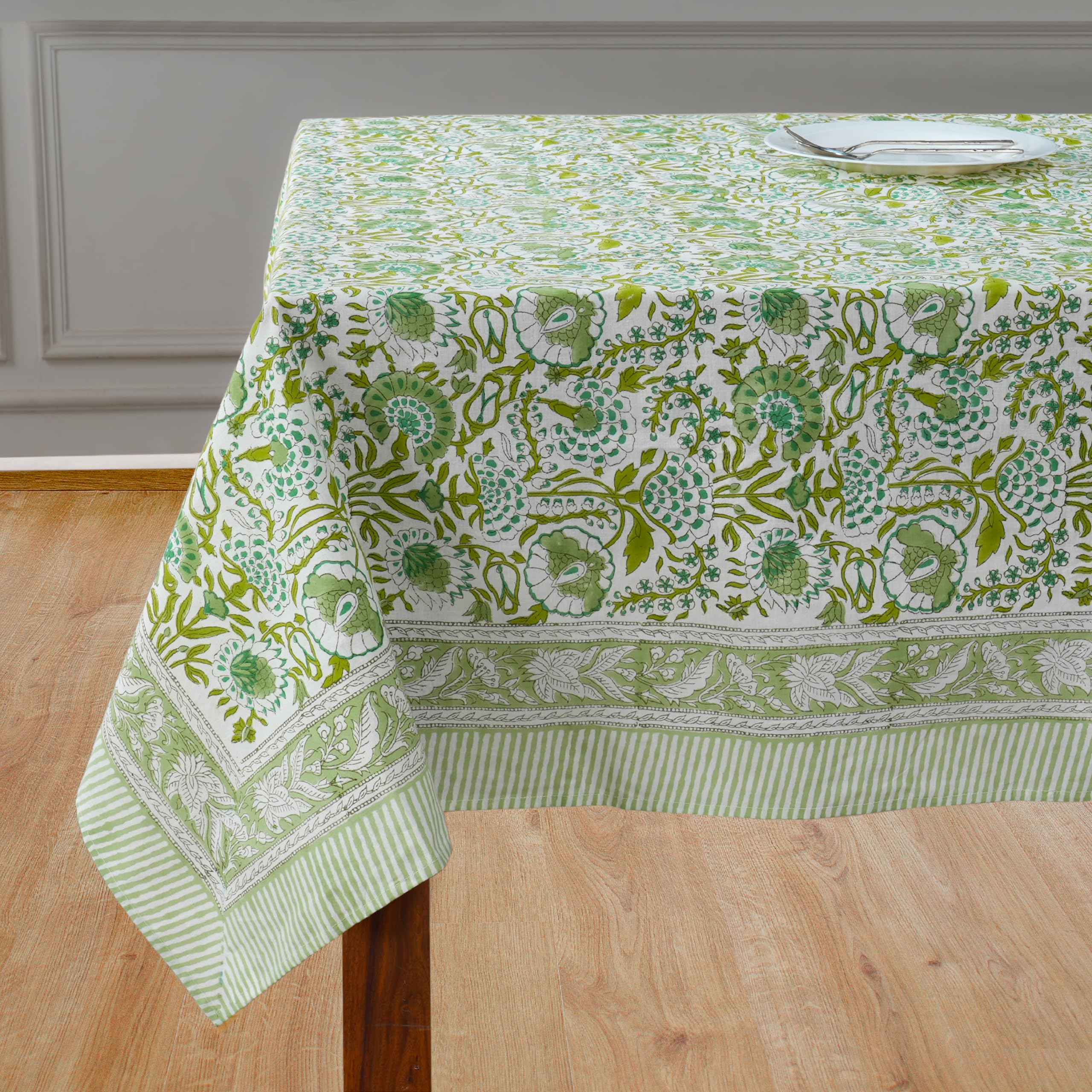 CPC Tablecloth 100% Cotton 60x60 Inch Indian Block Print Square Table Cover, Table Cloth for Weddings, Thanksgiving, Christmas- Agate Green