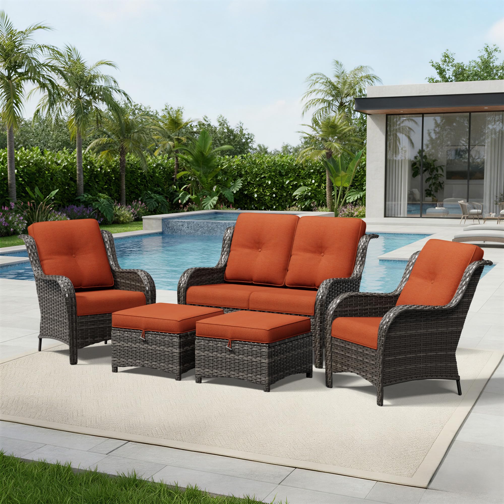 Joyside 5 Piece Wicker Patio Furniture Set, Rattan Patio Chairs with High Back, Deep Seating, Wide Armrest, Thickened Cushions, Outdoor Furniture for Deck, Porch Use