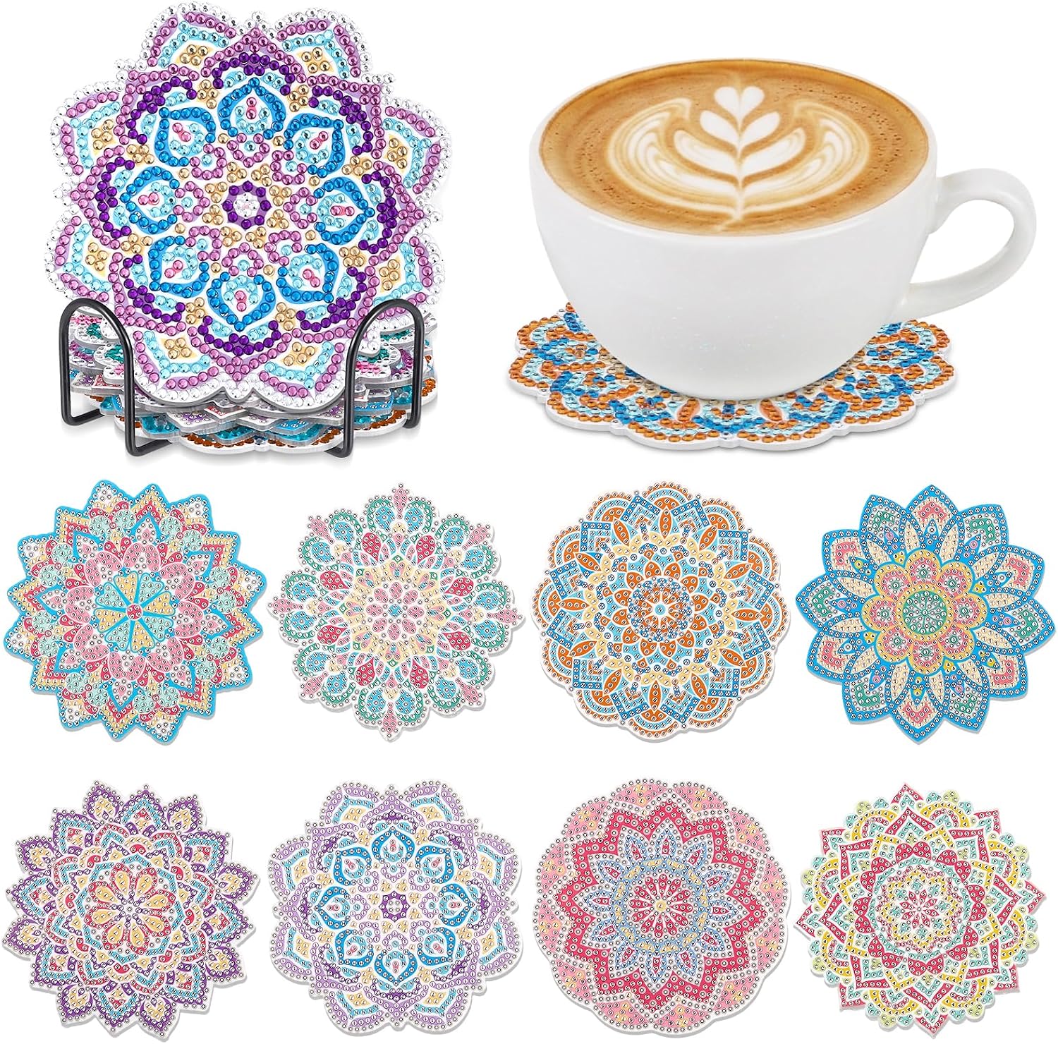 8 PCS Diamond Art Coasters with Holder, Wear-Resistant Mandala Diamond Art Painting Coasters Kits for Beginners Adults, Boho DIY Diamond Art Craft for Family Friends Beginners Gift (Light)