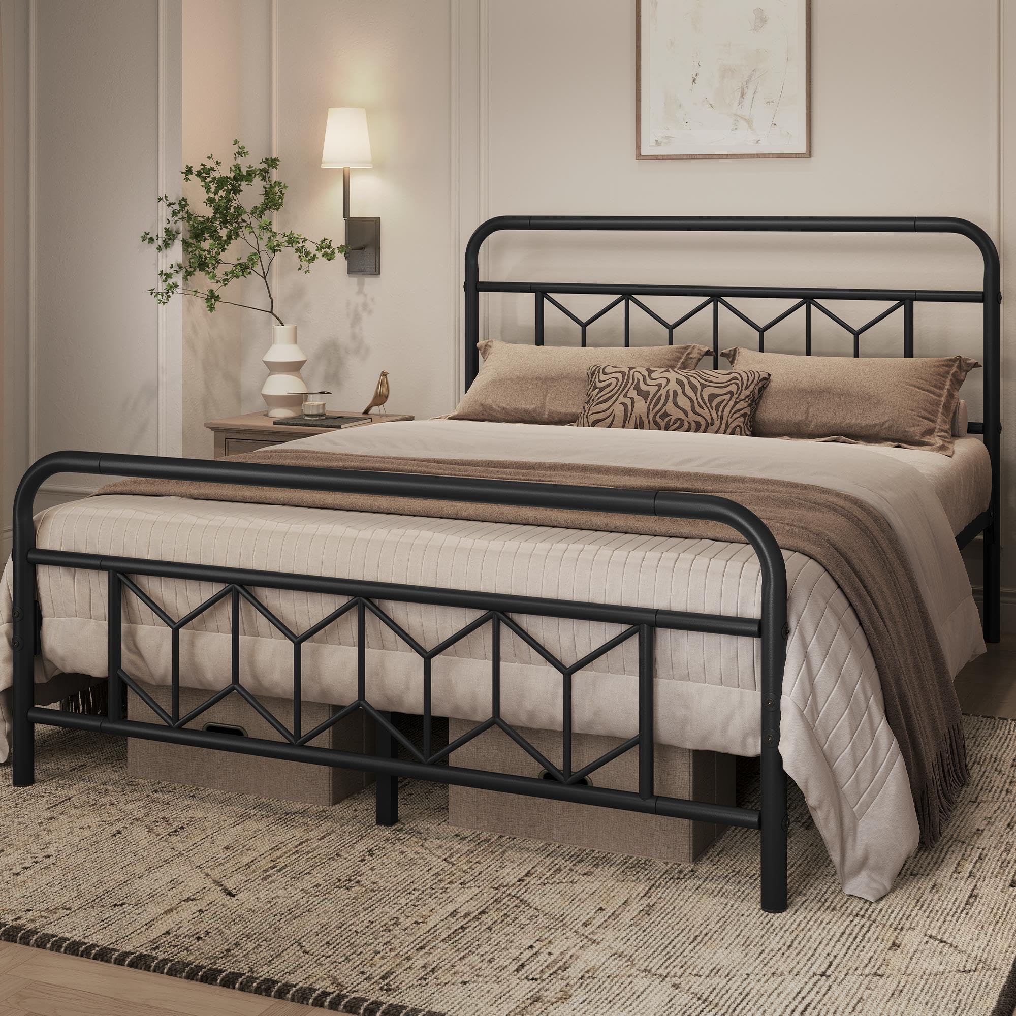 Topeakmart Queen Bed Frames Metal Platform Bed with Vintage Style Headboard/Mattress Foundation/No Box Spring Needed/Under Bed Storage/Strong Slat Support Black Queen Bed