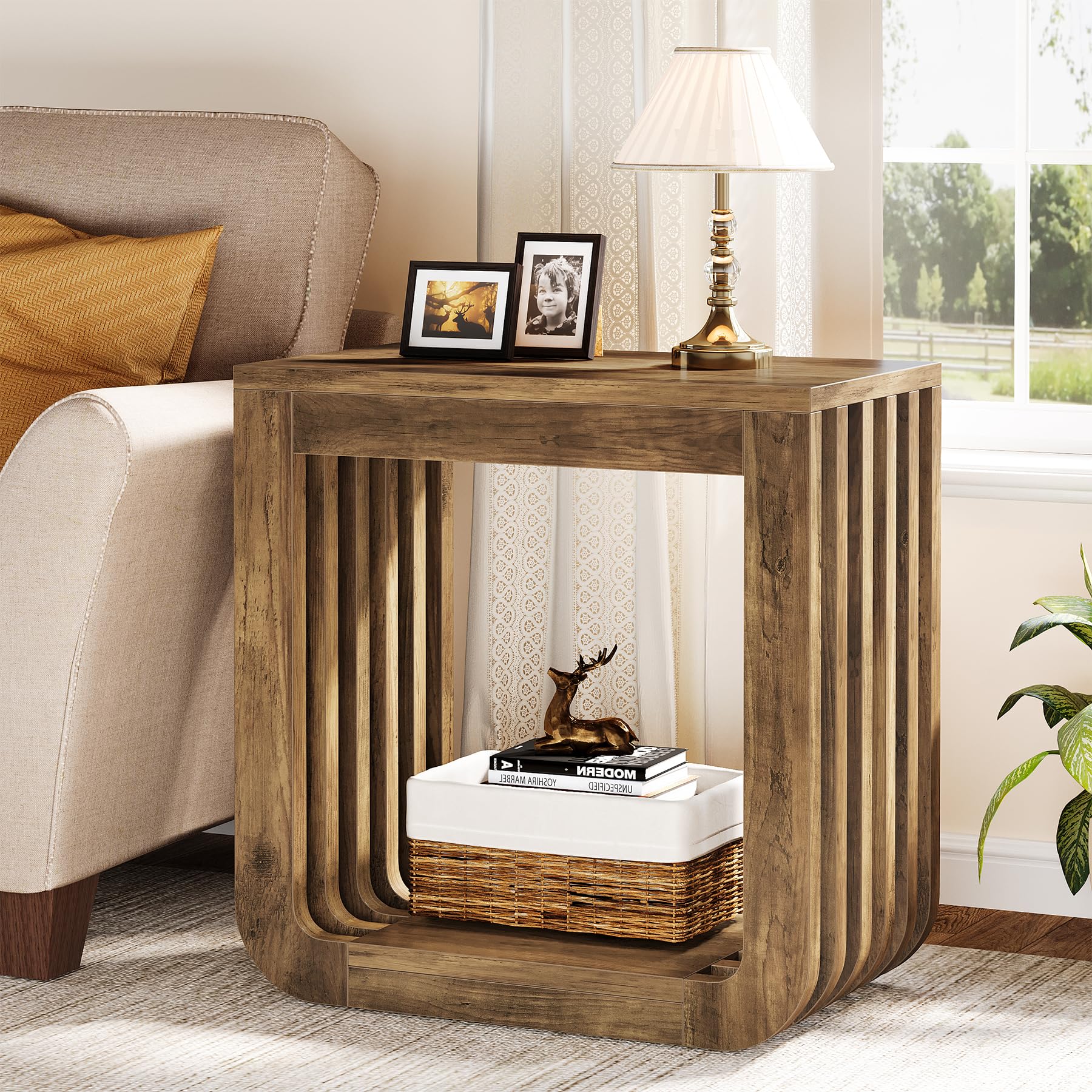 Tribesigns Side Table, Farmhouse Narrow End Table with Slatted Open Frame, Wooden Rustic Accent Sofa Side Table, Small Nightstand for Living Room Bedroom Small Spaces, Brown
