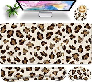 Leopard Large Gaming Mouse Pad Set of 4 for Women 35.4 x 15.7 with Keyboard Wrist Rest, Wrist Support, Coaster, Memory Foam Smooth Desk Mat Mousepad for Home Office School
