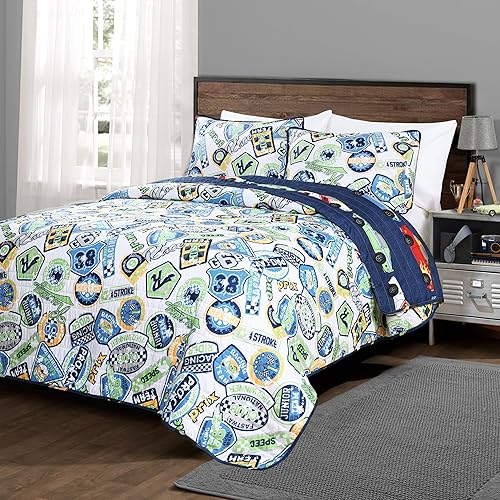Miniatura 2 de Lush Decor Race Car - Juego de cama de edredón de 2 piezas para niños, juego de ropa de cama reversible para niños, azul marino, tamaño individual