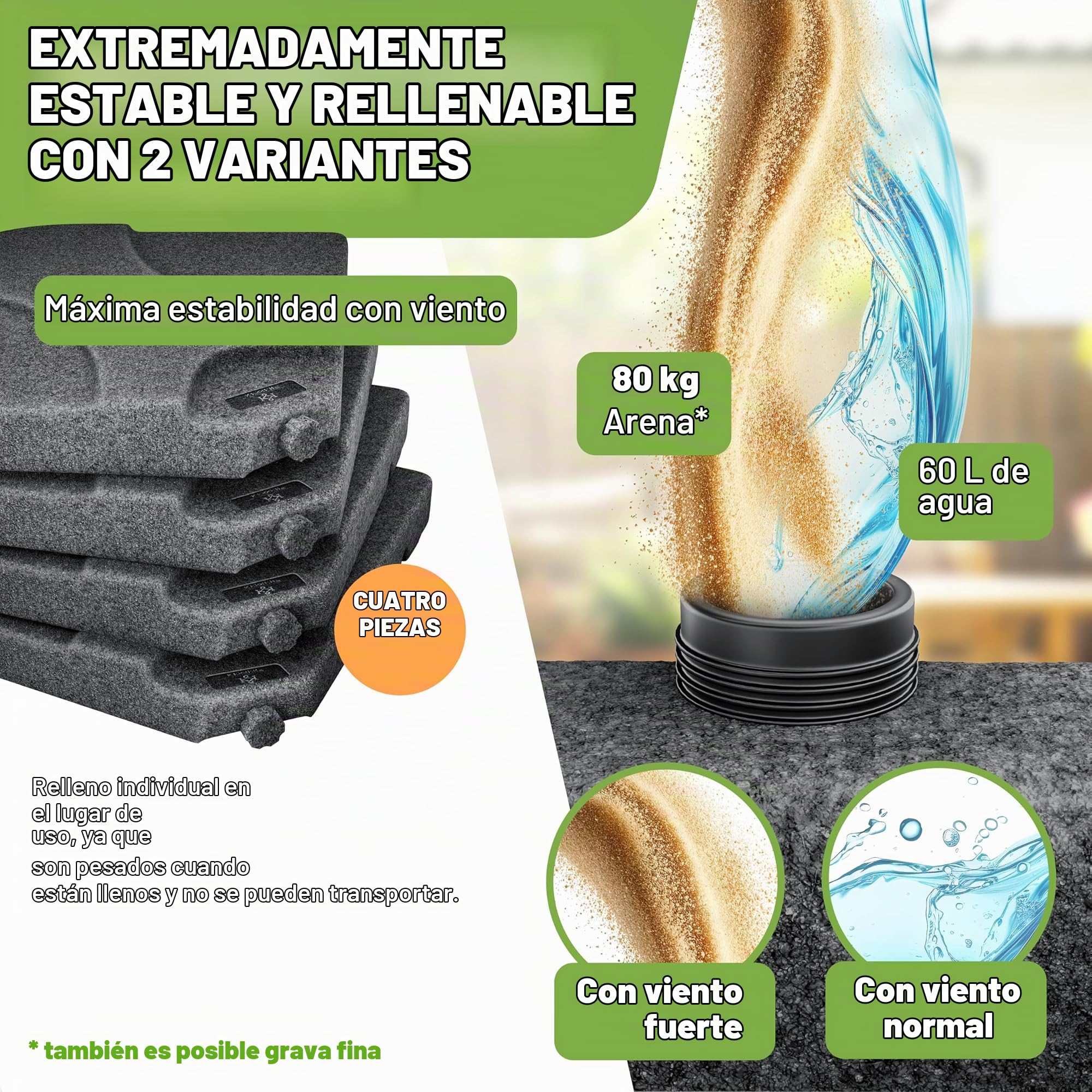 KESSER Soporte para sombrilla de 4 piezas, peso de la sombrilla, soporte para sombrilla con forma de cruz de 60 l/80 kg, rellenable con agua o arena, incluye conector de metal, soporte de plástico