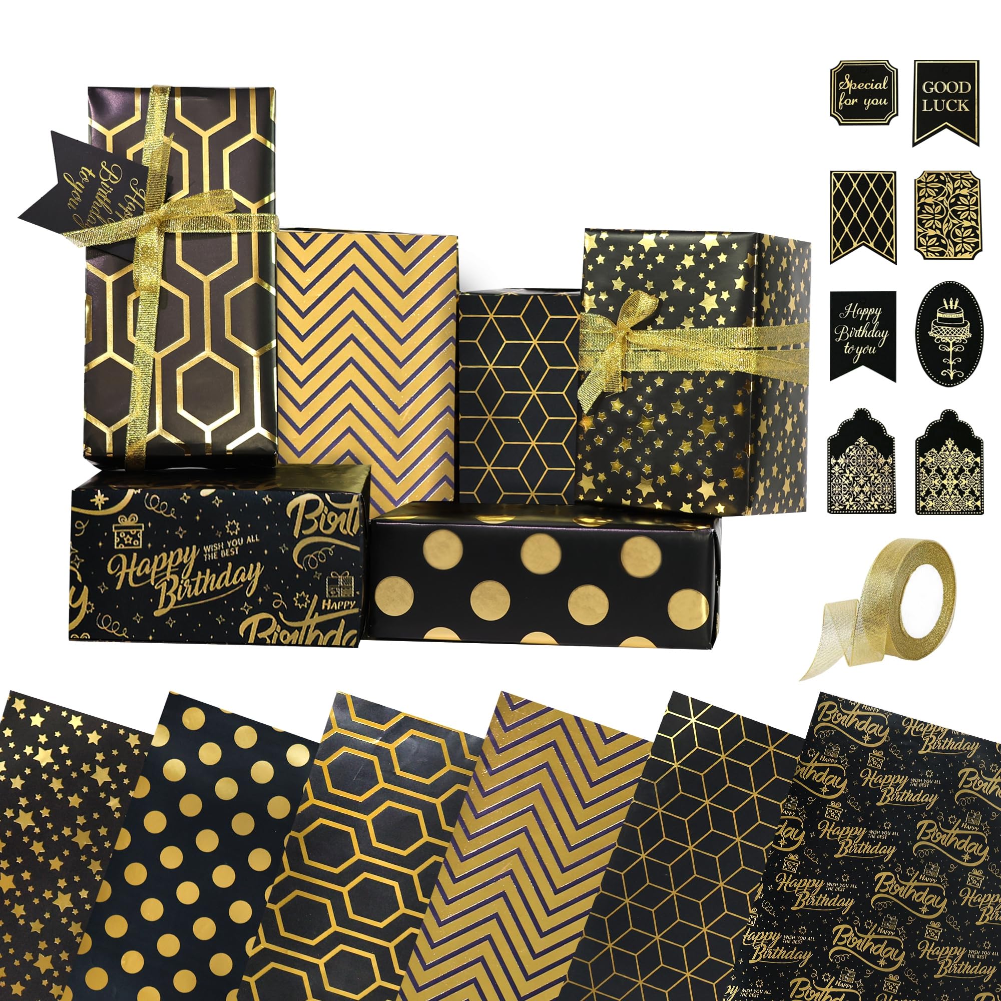 Birthday Wrapping Paper Set, 6 Sheets Wrapping Paper, Luxury Gift Wraps Set with Tags for Boys Girls (Black A) โ image 1