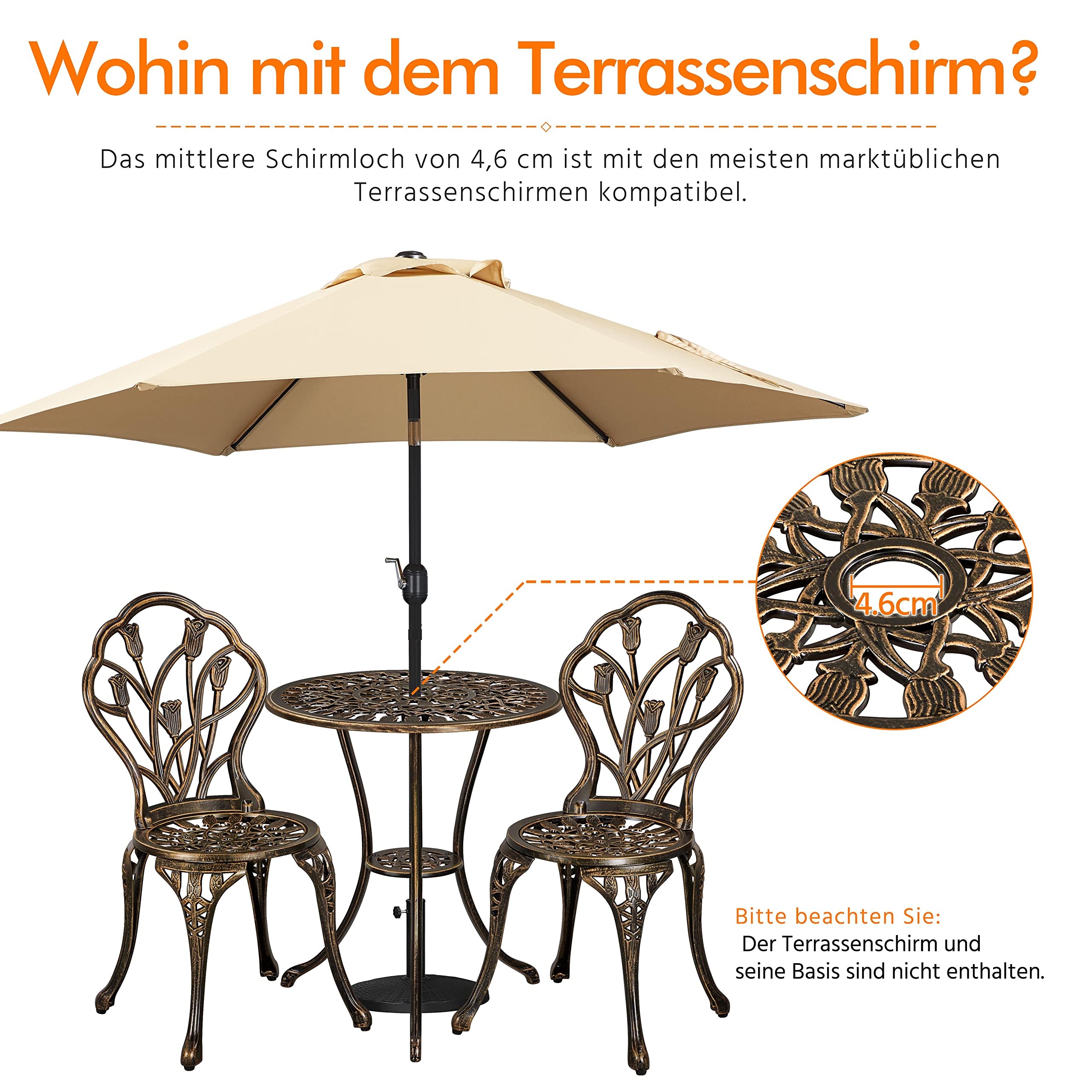 Yaheetech 3 TLG. Bistroset Sitzgruppe Balkonset Aluminiumguss Gartentisch mit 2 Stühlen Gartengarnitur Gartenmöbel für Garten und Balkon, Bronze