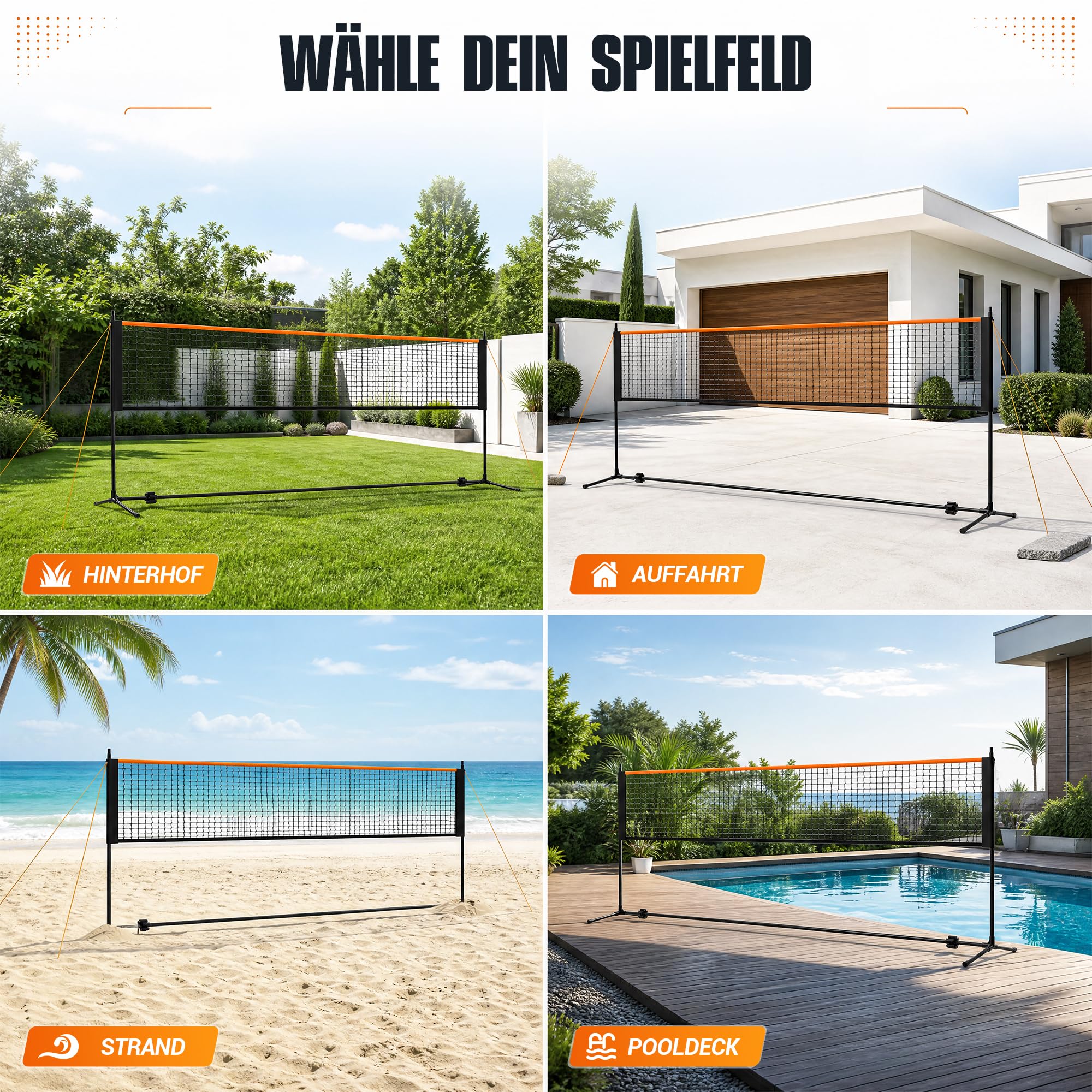 5-in-1 Sportnetz tragbar, 4m Volleyballnetz Höhenverstellbar, All-in-One Badmintonnetz, Tennisnetz, Pickleball Netz für Garten, Outdoor & Strand, inklusive Erdnägeln & Tasche