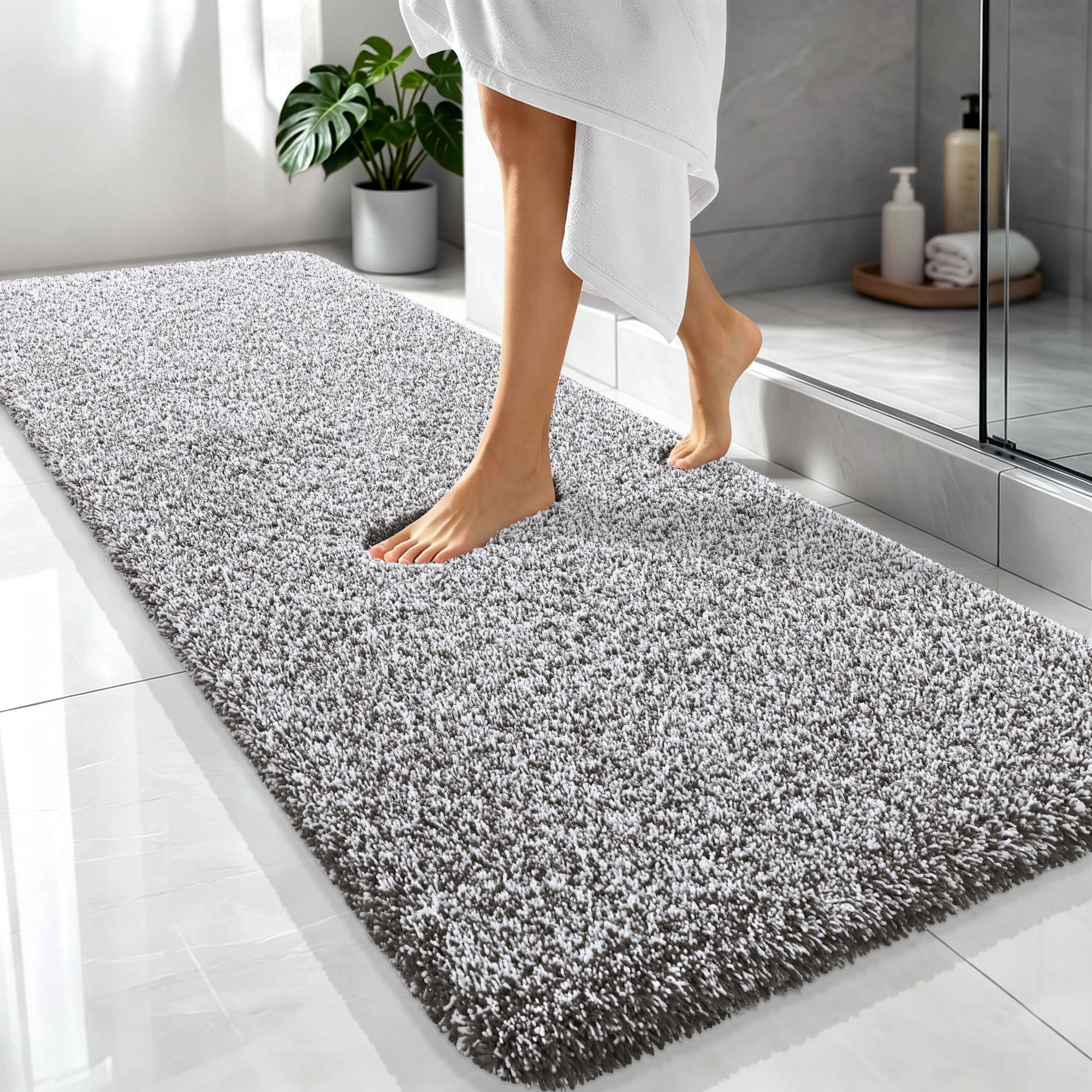 OLANLY Microfiber Bathroom Rugs 70x24, Quick Dry Mat, Dark Brown and White
