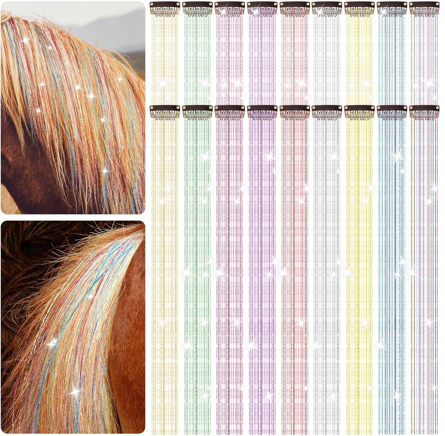 Juexica 18 Pcs Horse Accessory Clip in Hair Extensions for Mane and Tail Tack Stuff Pony Hair Tinsel for Halloween Western Bride Horse Lover and Girls Birthday(Vivid Color)