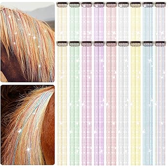 XunYee 50 Pcs Bling Pony Hair Tinsel Colorful Mane and Tail Glitter Strands Extensions Heat Resistant Rainbow Tinsel Hair Extensions Accessory for Western Horse Lovers Parties Show Supplies, 23.6''
