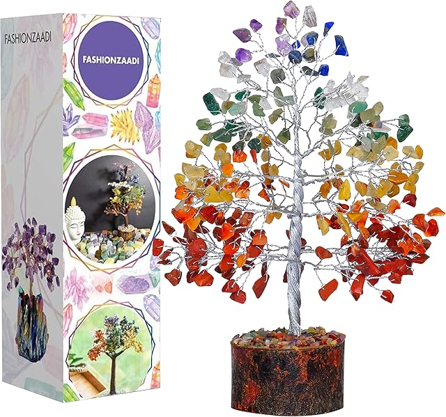 FASHIONZAADI Seven Chakra Gemstone Tree Reiki Healing Stone Feng Shui Bonsai Money Crystal Trees Stones Spiritual Gift For Home Office Living Room Decor Size 10 inch (Silver Wire)