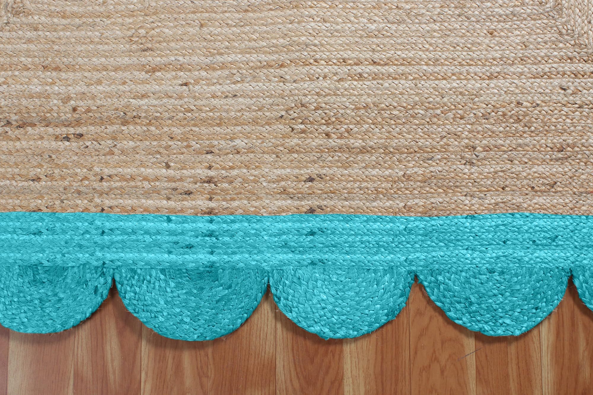Gewellter Läuferteppich, natürlicher Juteteppich, 2 x 10, Beige & türkisfarbene Basis, gewebtes Flachgewebe für drinnen, draußen, Flur, Balkon, Eingangsbereich, Bauernhaus