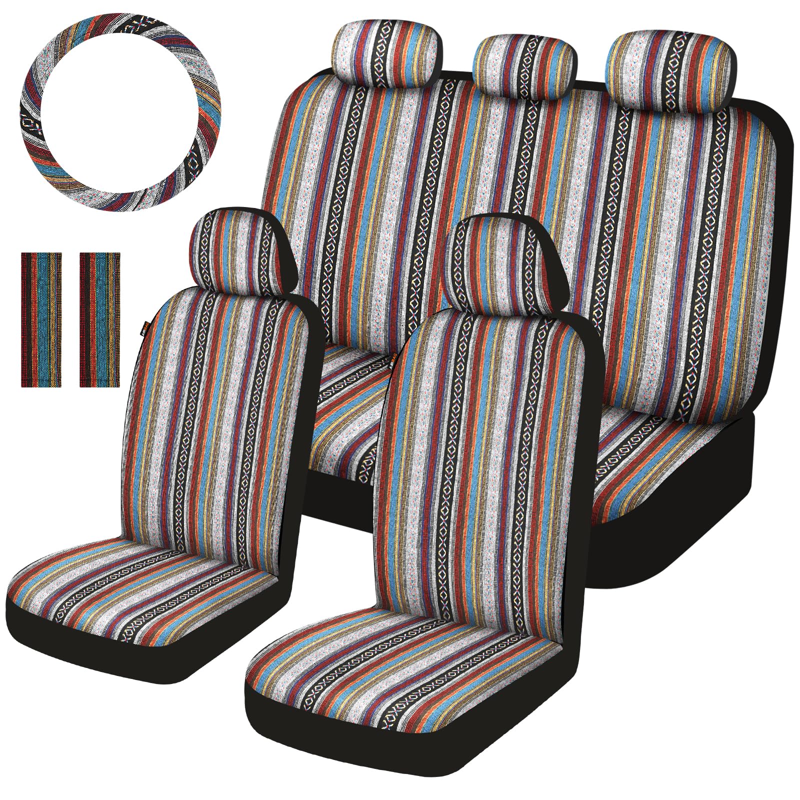 Baja Saddle Blanket Car Seat Covers Full Set with Seat Belt Pads and Steering Wheel Cover, Washable Breathable Striped Woven Cloth Seat Covers for Cars, SUV, Truck, Large Size(Red)