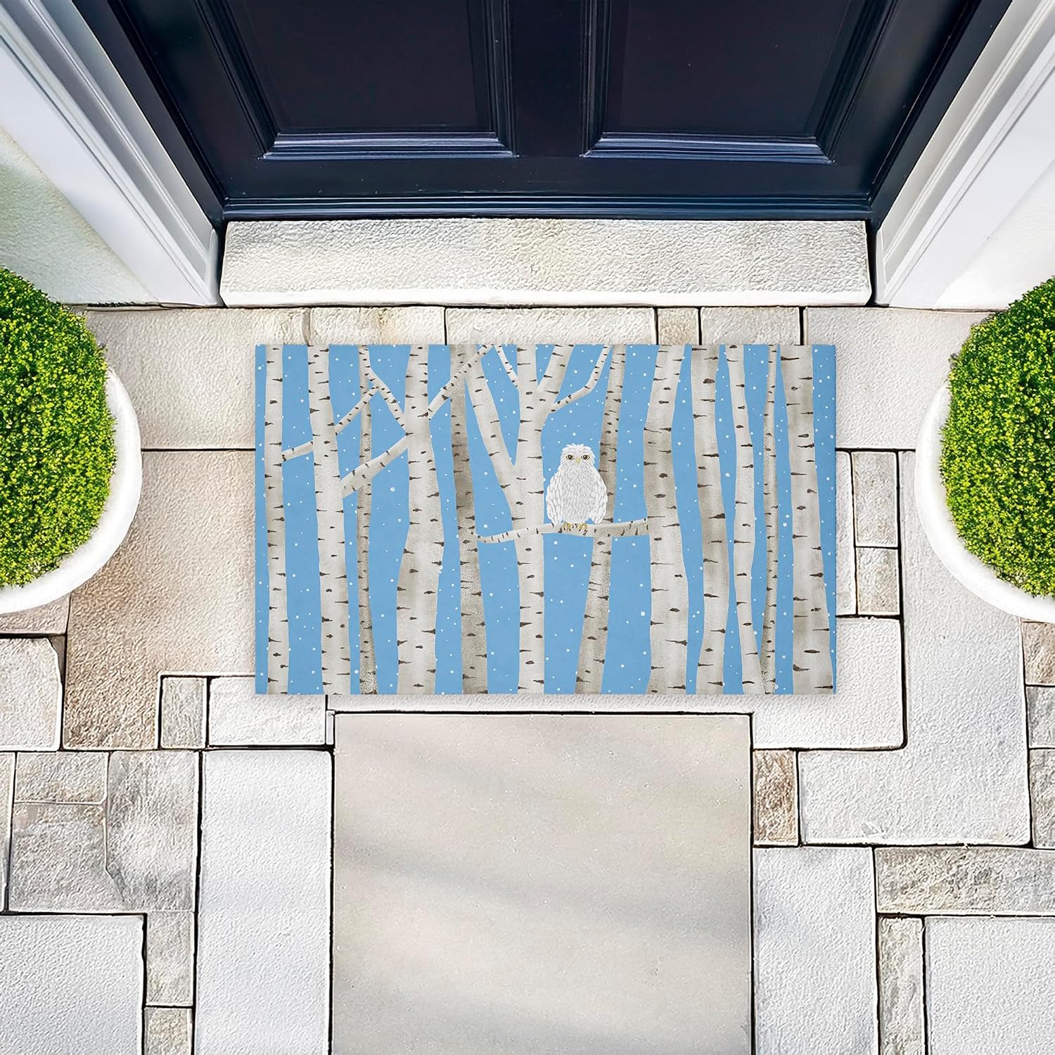 Stupell Industries Winter Birches & Owl Outdoor Door Mat, Durable Non-Slip Mat with Recycled Rubber Backing, Weather-Resistant Woodland Winter Owl Design by Darlene Seale, 18"x30"