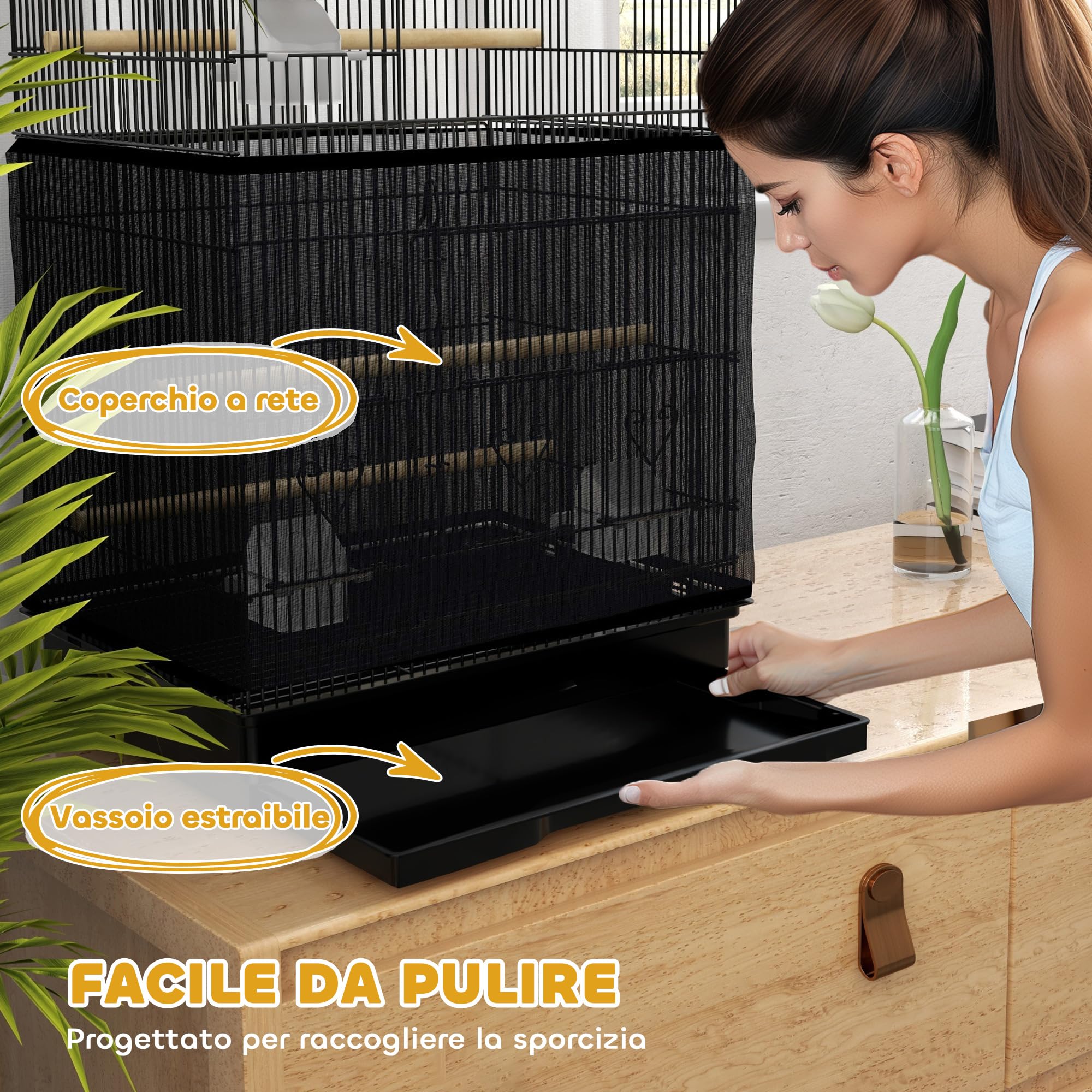 PawHut Gabbia per Uccelli con Maniglia, Vassoio Estraibile e Porte, Voliera per Pappagallini con Posatoi in Legno, Altalena e Ciotole per Cibo, 46.5x35.5x92cm, Nero