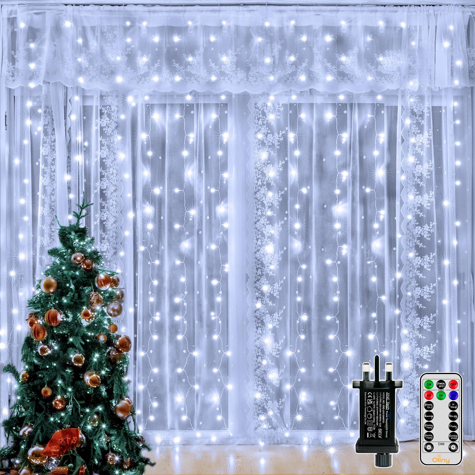 Ollny Christmas Curtain Lights Indoor, 300LED 3mx3m Waterfall Hanging Plug in Fairy String Lights, 8 Modes/Remote/Timer Waterproof Window Light for Bedroom/Wall/Outdoor/Wedding/Party,Cool White [Energy Class G]