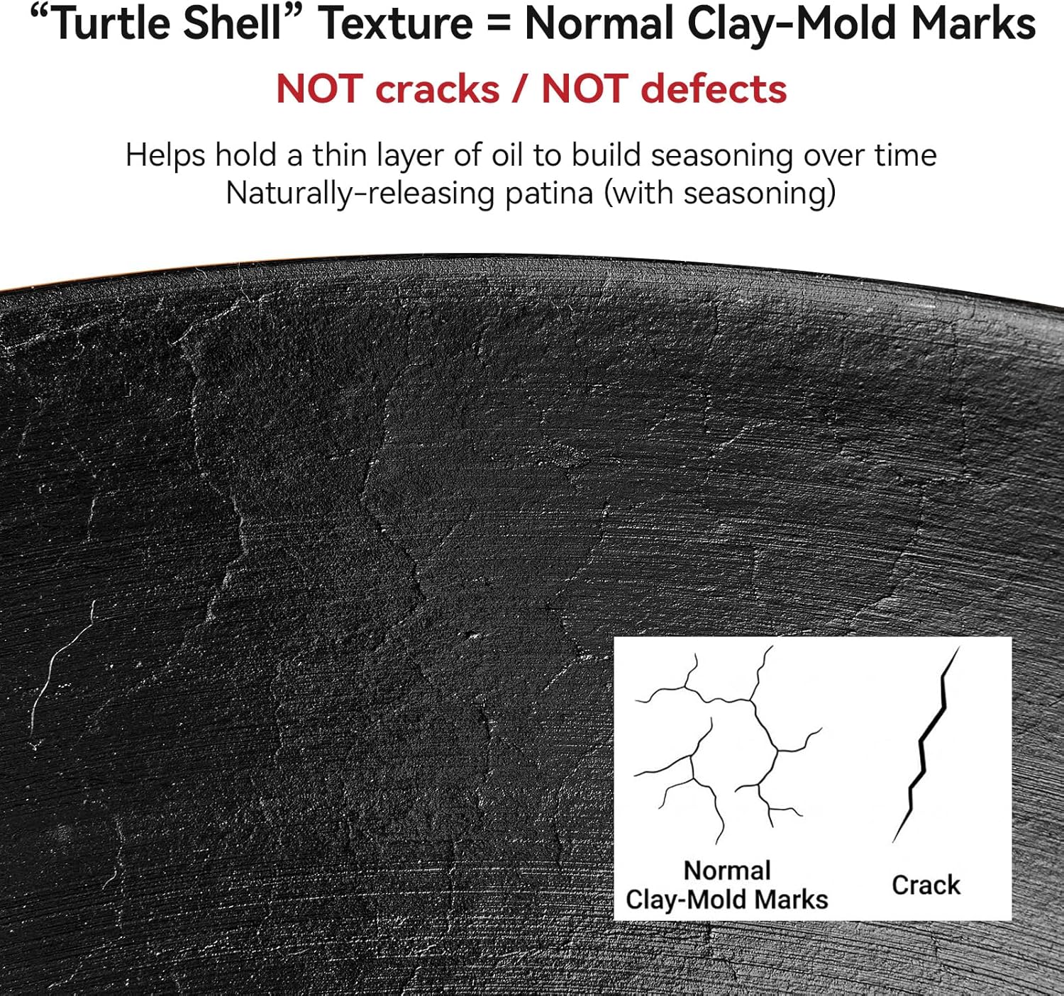 WANGYUANJI 14.17” Cast Iron Wok with Glass Lid – Traditional Round Bottom Chinese Wok for Gas Stove & Open Flame (Wok Ring Required) – Uncoated Clay-Mold “Turtle Shell” Texture – Seasoning Needed - Image 3