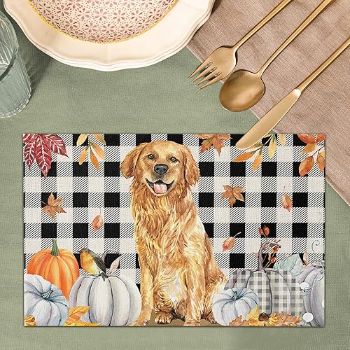 Miniatura 5 de Juego de 6 manteles individuales de otoño con diseño de calabaza, cosecha de otoño, para perro, juego de 6 manteles individuales lavables para mesa