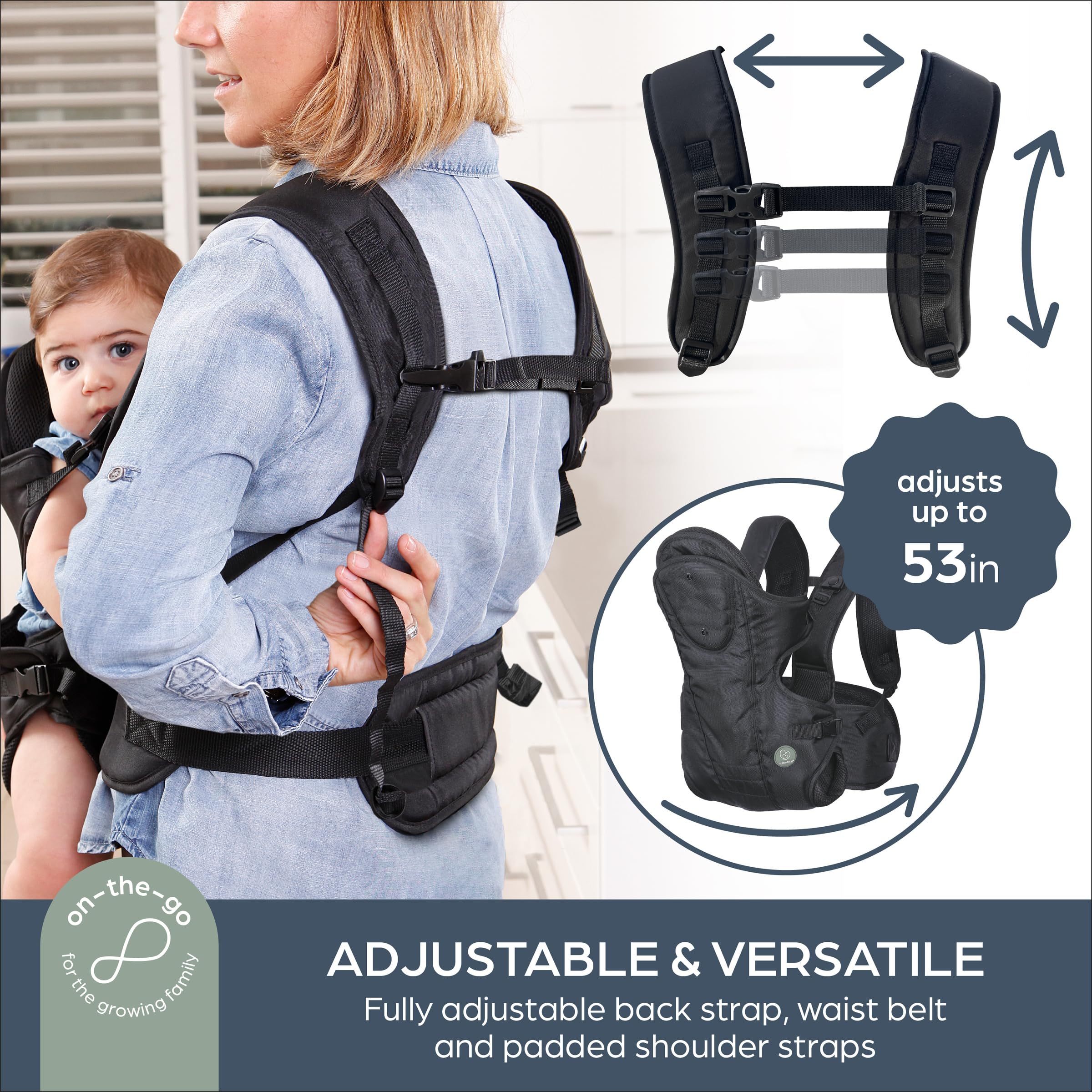 Dreambaby Manhattan - Portabebés ajustable 3 en 1 para recién nacidos y niños pequeños de hasta 33 libras, se adapta a la mayoría de tamaños de adultos, modelo L296, color negro