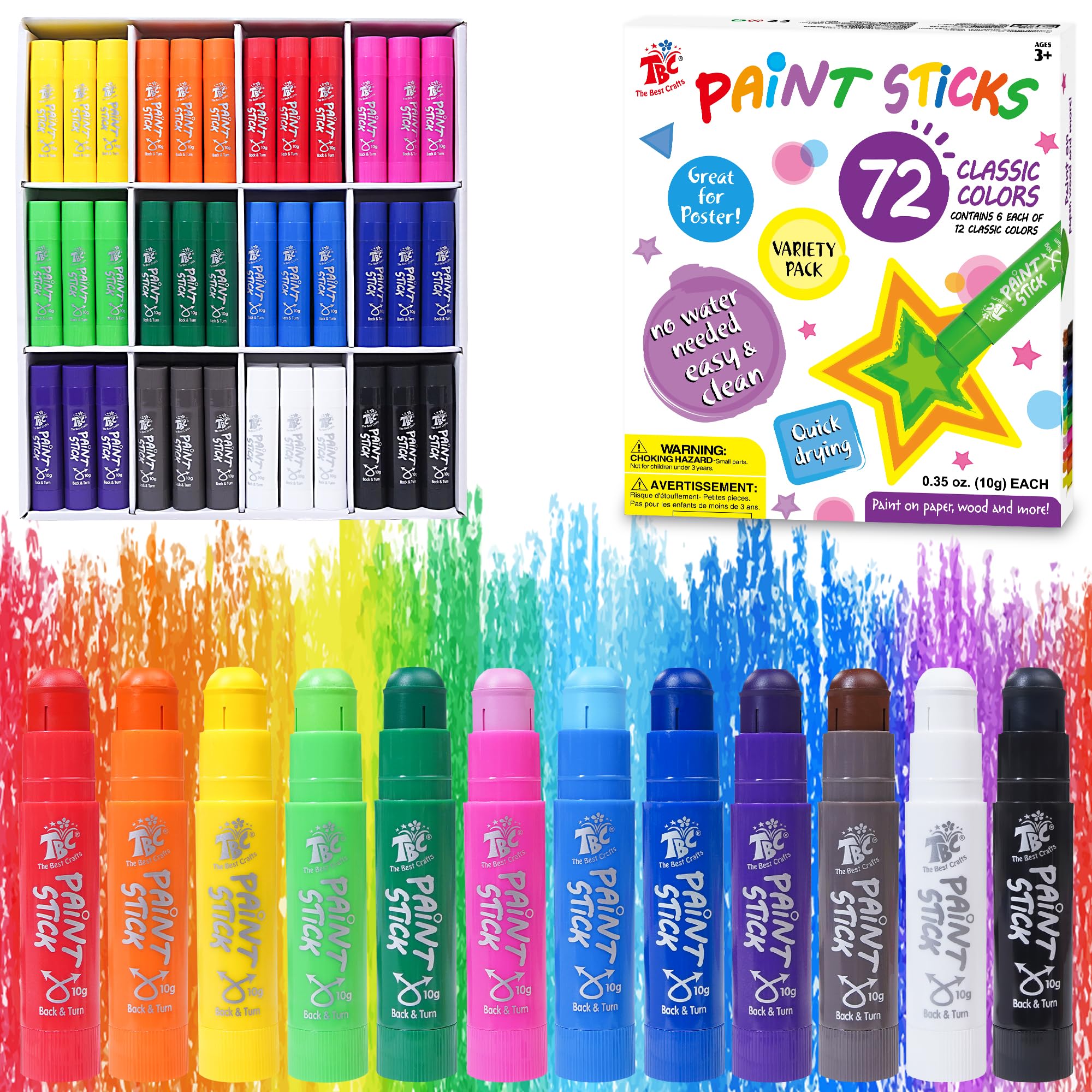 TBC The Best Crafts Paint Sticks, 12 Colors Pastel, Washable, Non-toxic, Tempera Paint Sticks for Kids and Students (72 Colors 6 * 12 set)