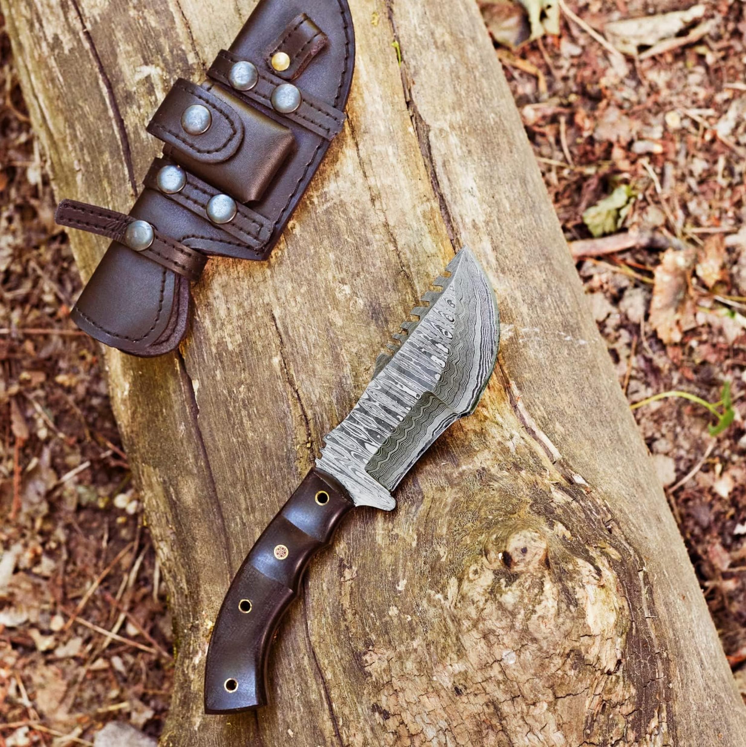 BIGCAT ROAR Ręcznie wykonany nóż z Damaszku – Full Tang Fixed Blade nóż myśliwski z pochwą i drewnianym uchwytem z drewna orzechowego – nóż outdoorowy EDC, 25,4 cm – Black Jaguar