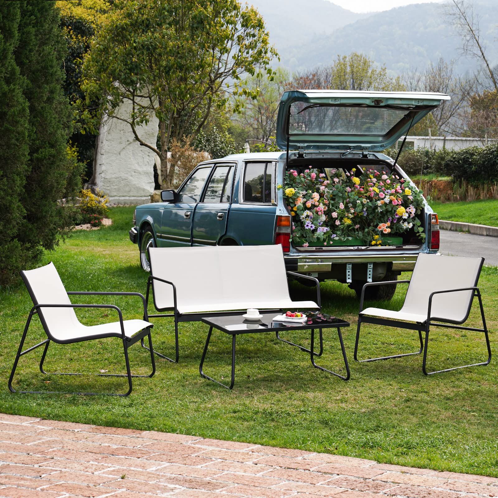 Grand patio Gartenmöbel Set 4-TLG, Textilene Balkonmöbel Set mit Tisch, Sofa und 2 Stühlen, Stahl, Sitzgruppefür Garten, Balkon, Außen (Beige)