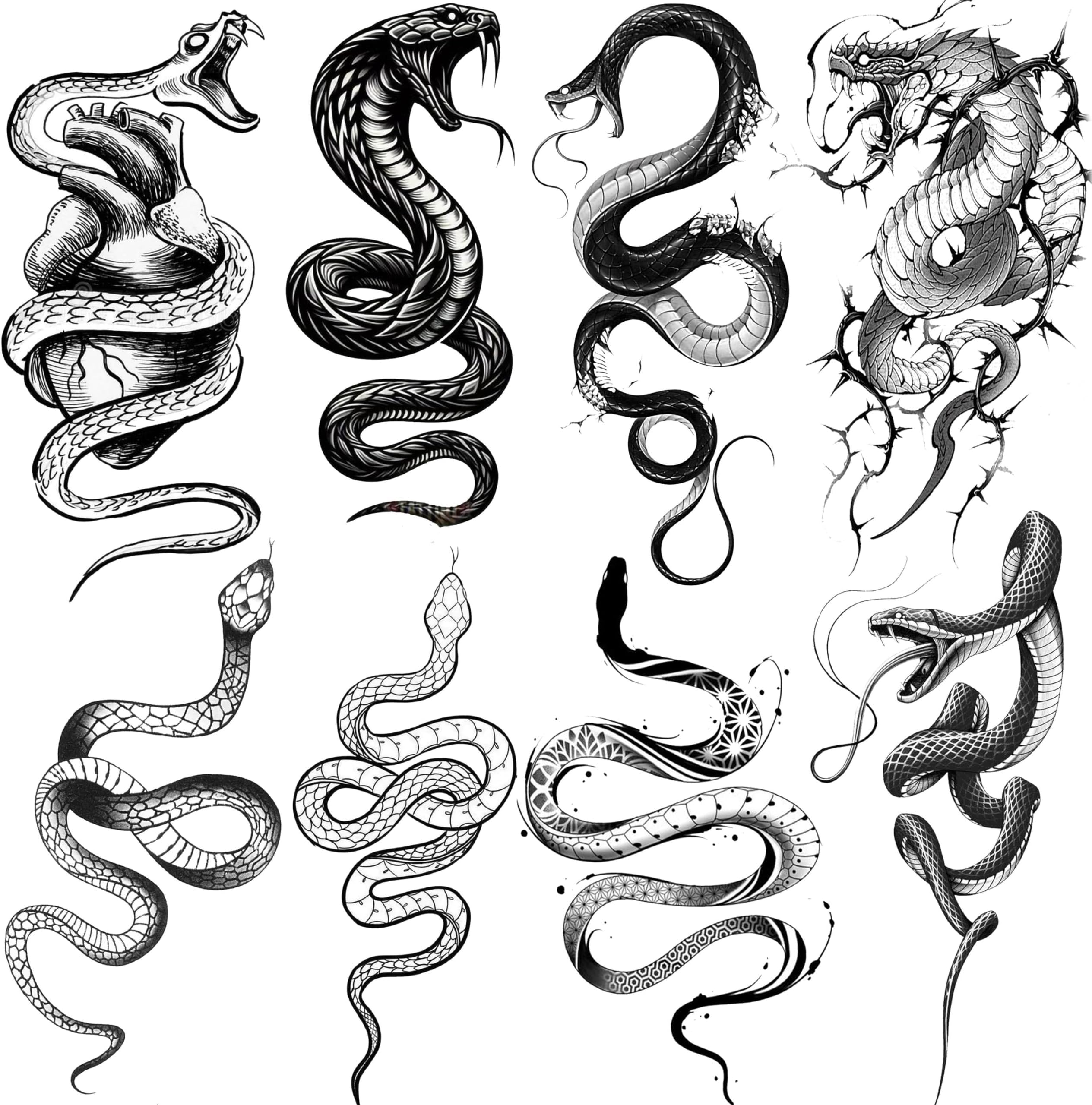 LAROI 8 Sheets Black Snake Temporary Tattoos For Men Women Adults, Halloween Serpent Waterproof Fake Tattoo Stickers, 3D Water Transfer Arm Sleeve Tattoo Paste Decals Legs Neck Forearm Kit Set