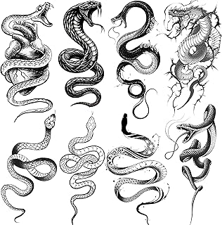 LAROI 8 Sheets Black Snake Temporary Tattoos For Men Women Adults, Halloween Serpent Waterproof Fake Tattoo Stickers, 3D Water Transfer Arm Sleeve Tattoo Paste Decals Legs Neck Forearm Kit Set