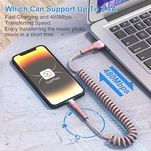 Miniatura 4 de Cable Lightning en espiral para Apple Carplay, paquete de 2 cables de carga de iPhone para automóvil, certificado Apple MFi, cargador retráctil para