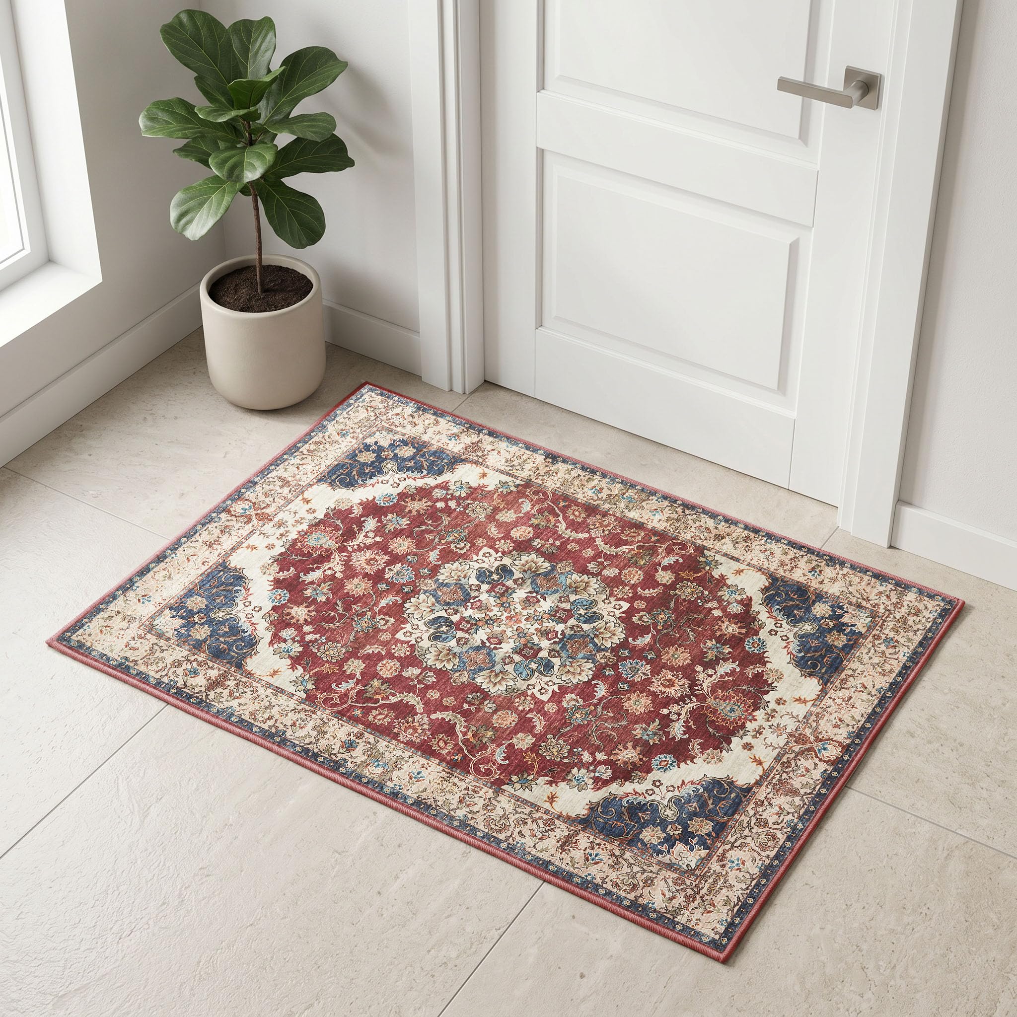 Aspire Homeware Machine Washable Area Rugs for Bedroom Small Gold Red Rug 40x60 cm - Low Pile Non Slip Bedside Rug, Entryway Floor Carpet Traditional Vintage Design Mat for Kitchen Bathroom, Whisper